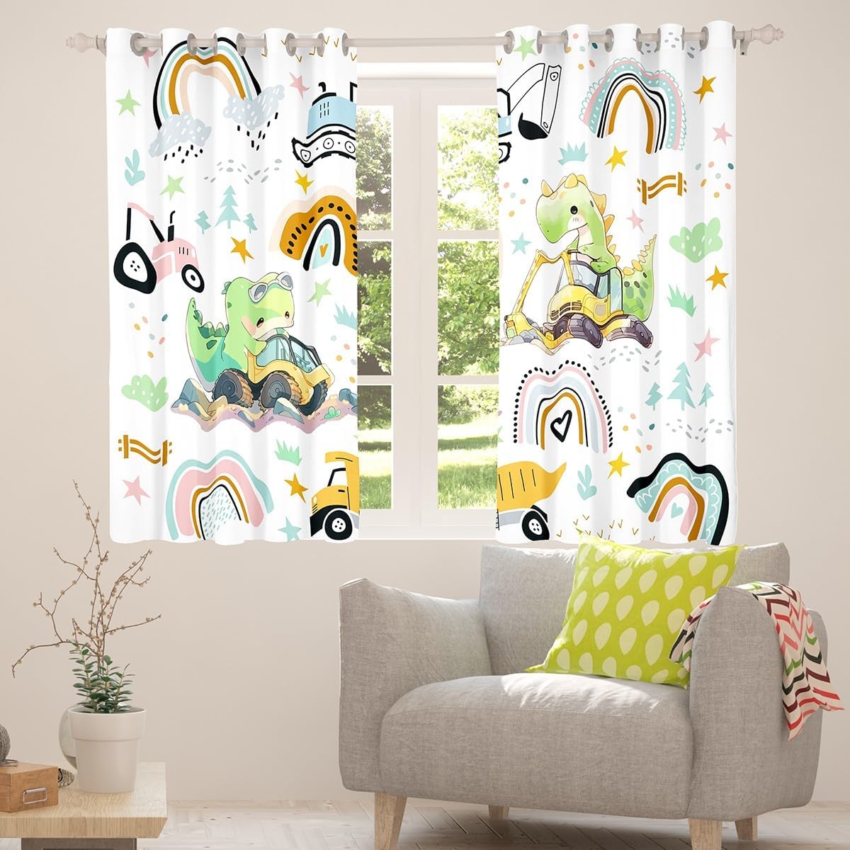 Manfei Kids Dinosaur Blackout Curtain Excavator Tractor Truck Window Treatments, Cartoon Rainbow Window Drapes for Boys Girls Room Decor Grommet Top 2 Panel Set Bedroom Curtains, 42Wx63L inch