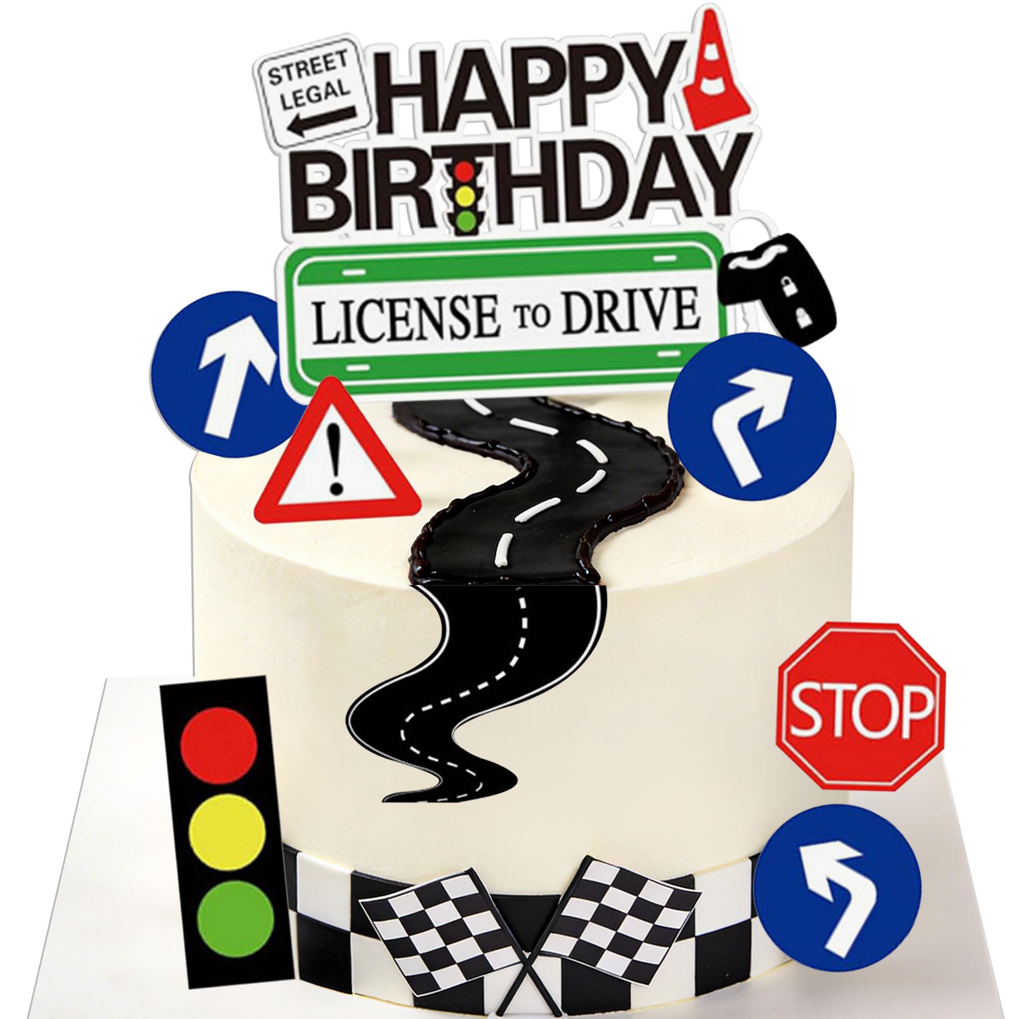 LaVenty 17th Birthday Decor Learner Driver Cake Decor 17th Driver License Car Road Signs Theme Party Supplies 17 Year Old Birthday Decorations