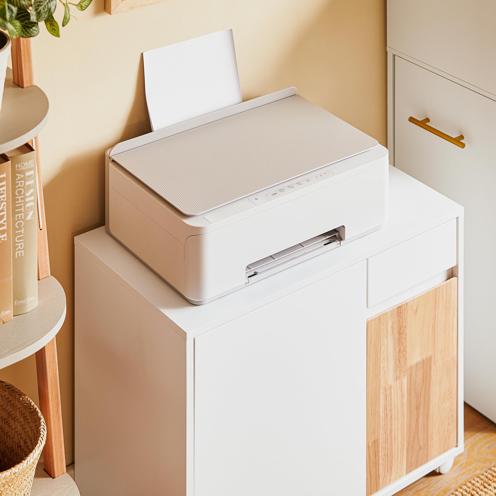 SoBuy Carrello da ufficio Carrello Portaoggetti con Cassetto Tavolino stampante Bianco-Naturale 65x35x58cm ASK04-WN