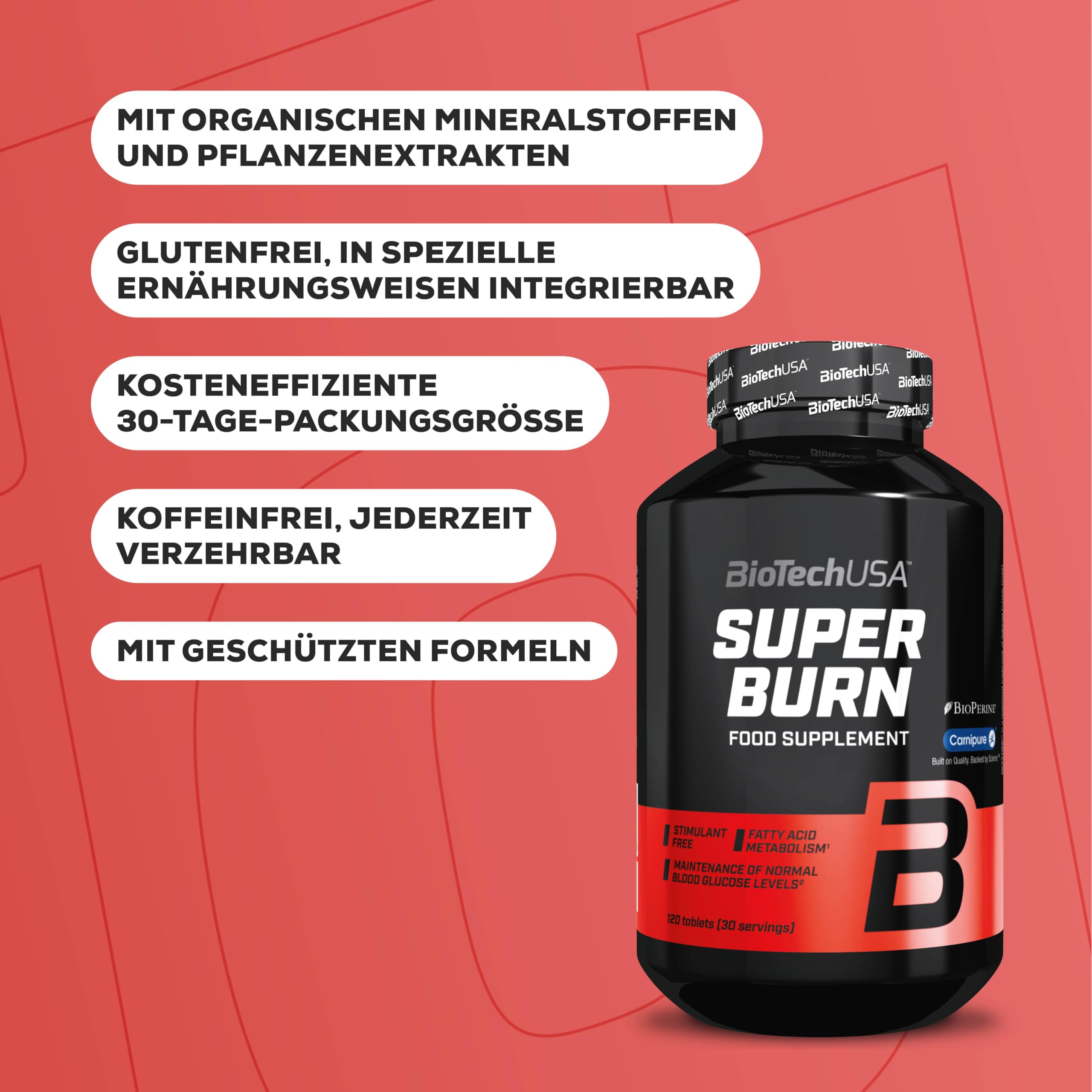 BioTechUSA Super Burn | mit Carnipure® L-Carnitin, Cholin und BioPerine® | zur Gewichtskontrolle und Stoffwechselunterstützung | Koffeinfrei | Glutenfrei, 120 Tabletten