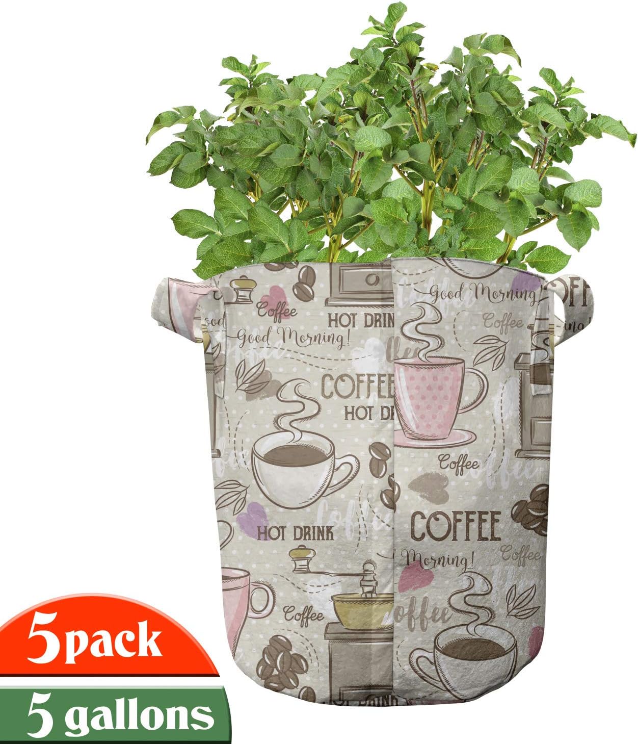 Lunarable Coffee Grow Bags 5-Pack, Grinder Mill Cups and Beans, Heavyduty Fabric Pots with Handles for Plants, 5 Gallon, Multicolor