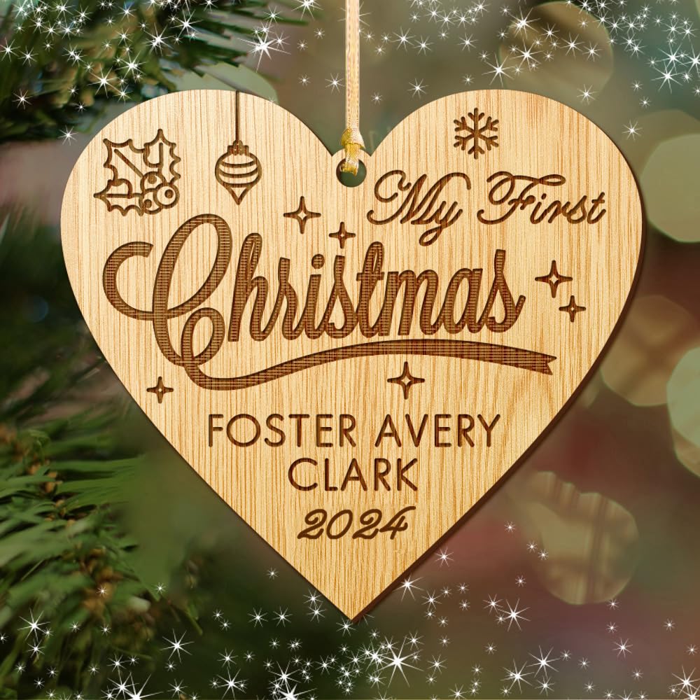 Edsg Heart Personalised Baby's 1St Christmas Tree Bauble | Customized Christmas Decoration First Xmas Gift For New Baby | Santa Gift | Engraved Wooden Christmas Tree Ornament Hand Finished In Uk(Heart)