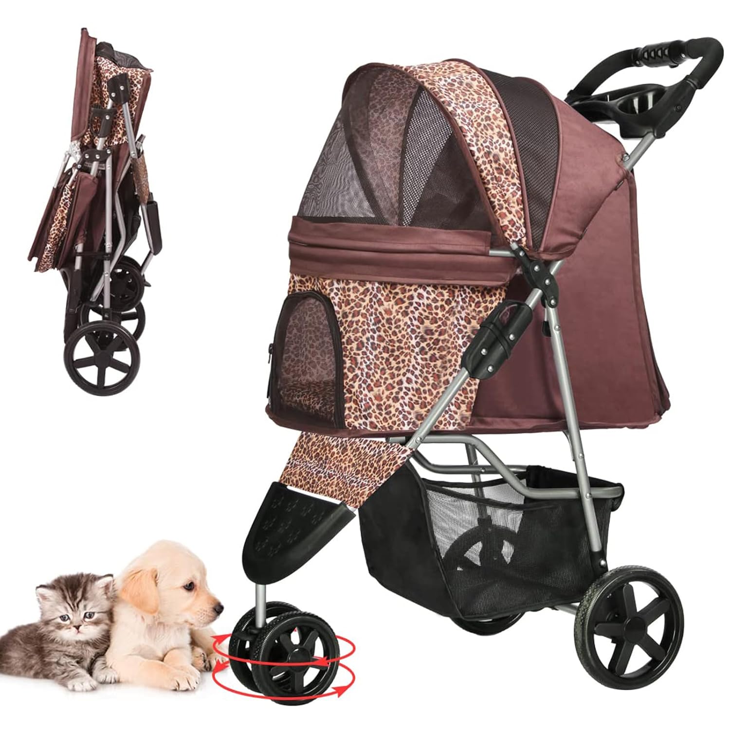 Pet Stroller, Cat Dog Stroller with Storage Basket Foldable