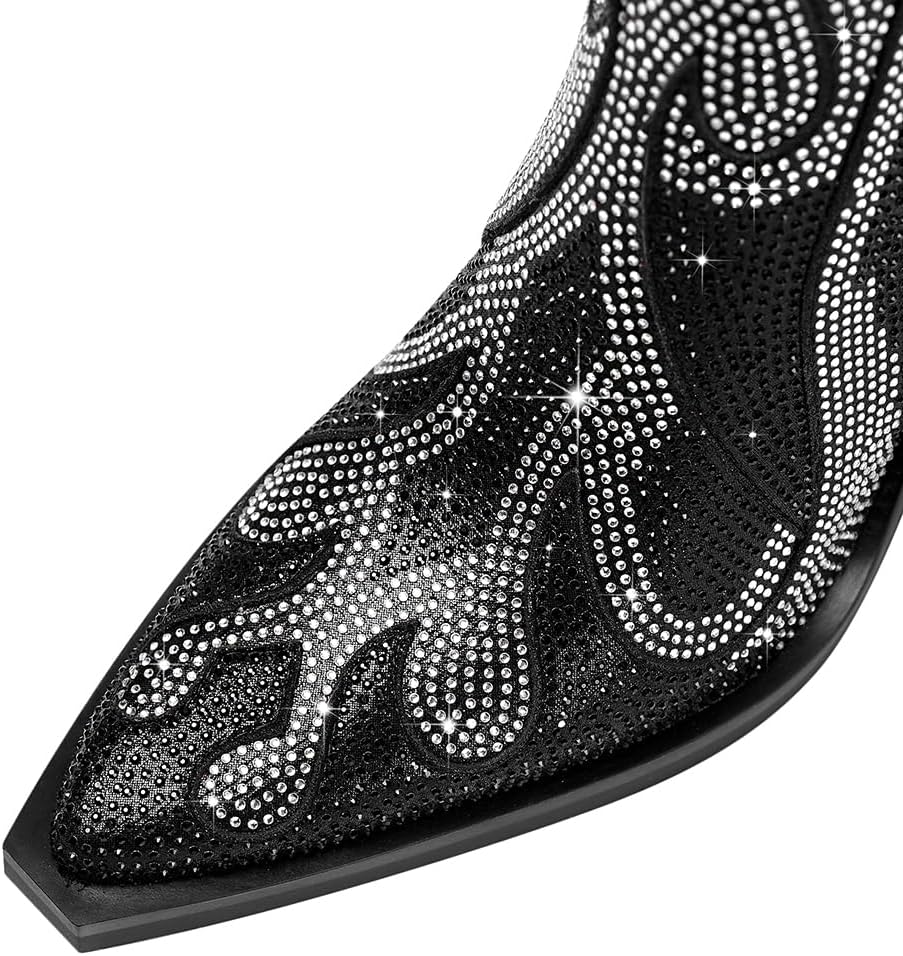 Womens Sparkling Rhinestone Cowboy Boots Bling Flame Chunky Heel Diamond Ankle Boots Pointy Toe Side Zip Black Glitter Cowboy Boots