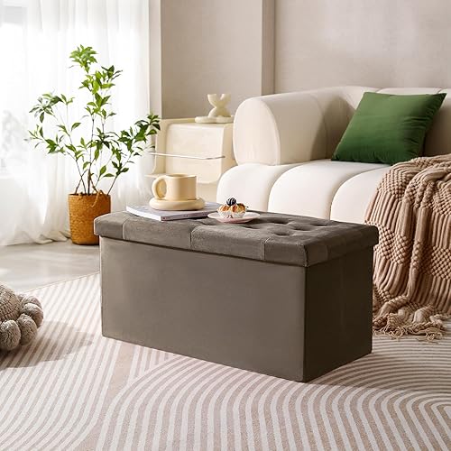 Miniatura 74 de PRANDOM Otomana con almacenamiento [1 unidad] Taburete cuadrado pequeño de terciopelo plegable con tapa para sala de estar, dormitorio, mesa de