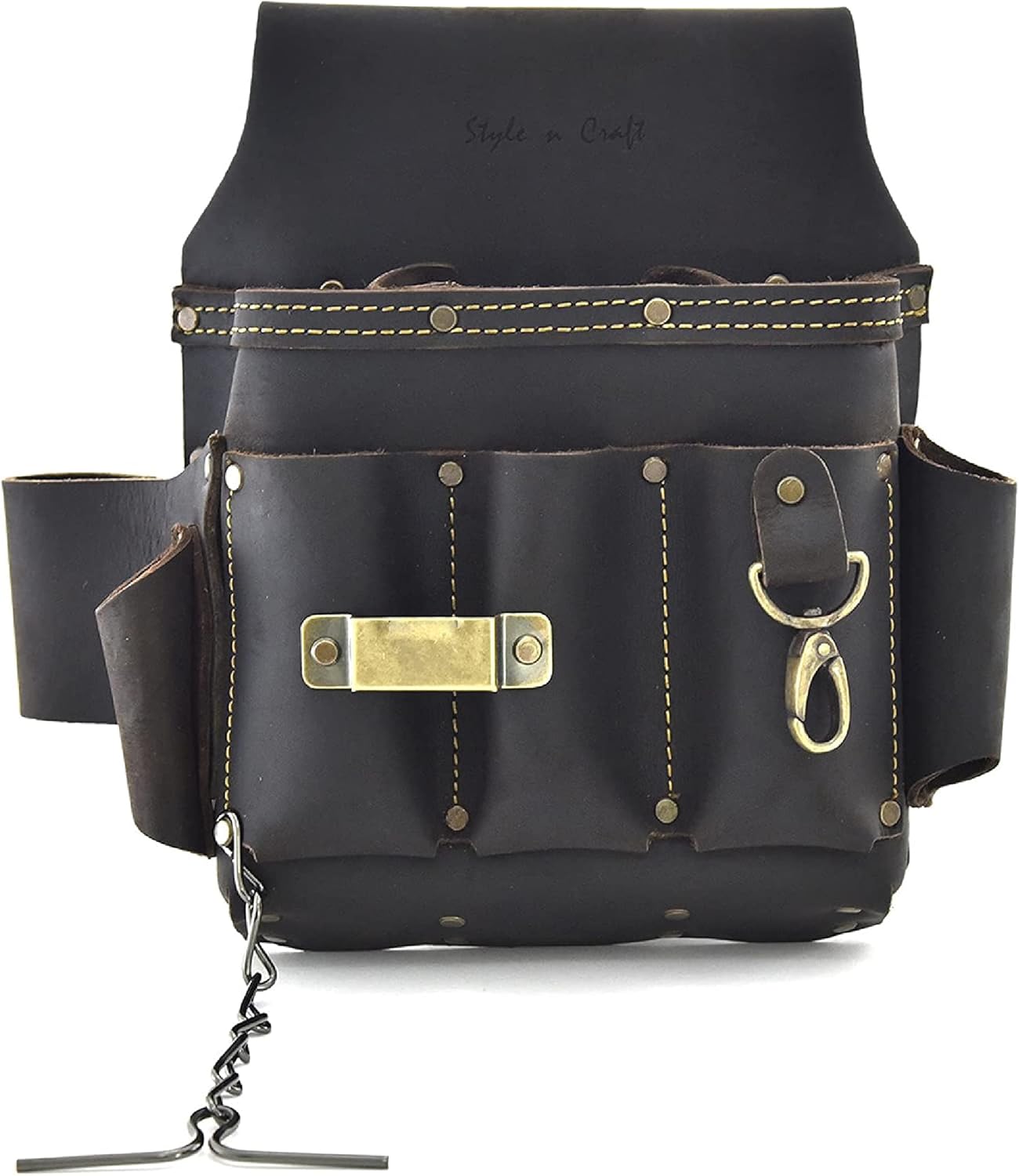 Style n Craft 10-Pocket Electrician's Tool Pouch, Heavy-Duty Leather with Metal Tape Clip, Metal Tape Chain and Fixed Snap, Durable Full-Grain Leather Pouch