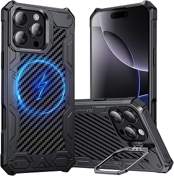Military Grade Drop Protection 16pro Case for Apple iPhone 16 Pro Case Fit for Magsafe, Camera Kickstand, Carbon Fiber Back, Shockproof TPU Frame, Anti-Slip for Rugged iPhone16 Pro Stand Cover, Black