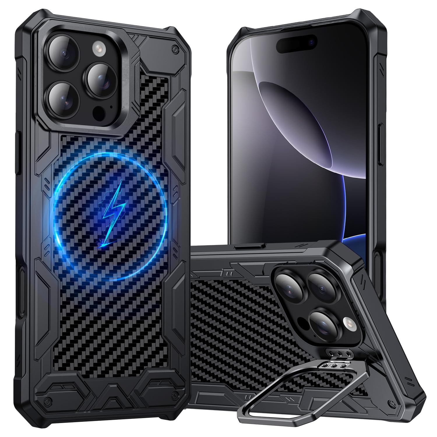 Military Grade Drop Protection 16pro Case for Apple iPhone 16 Pro Case: Fit for Magsafe, Camera Kickstand, Carbon Fiber Back, Shockproof TPU Frame,