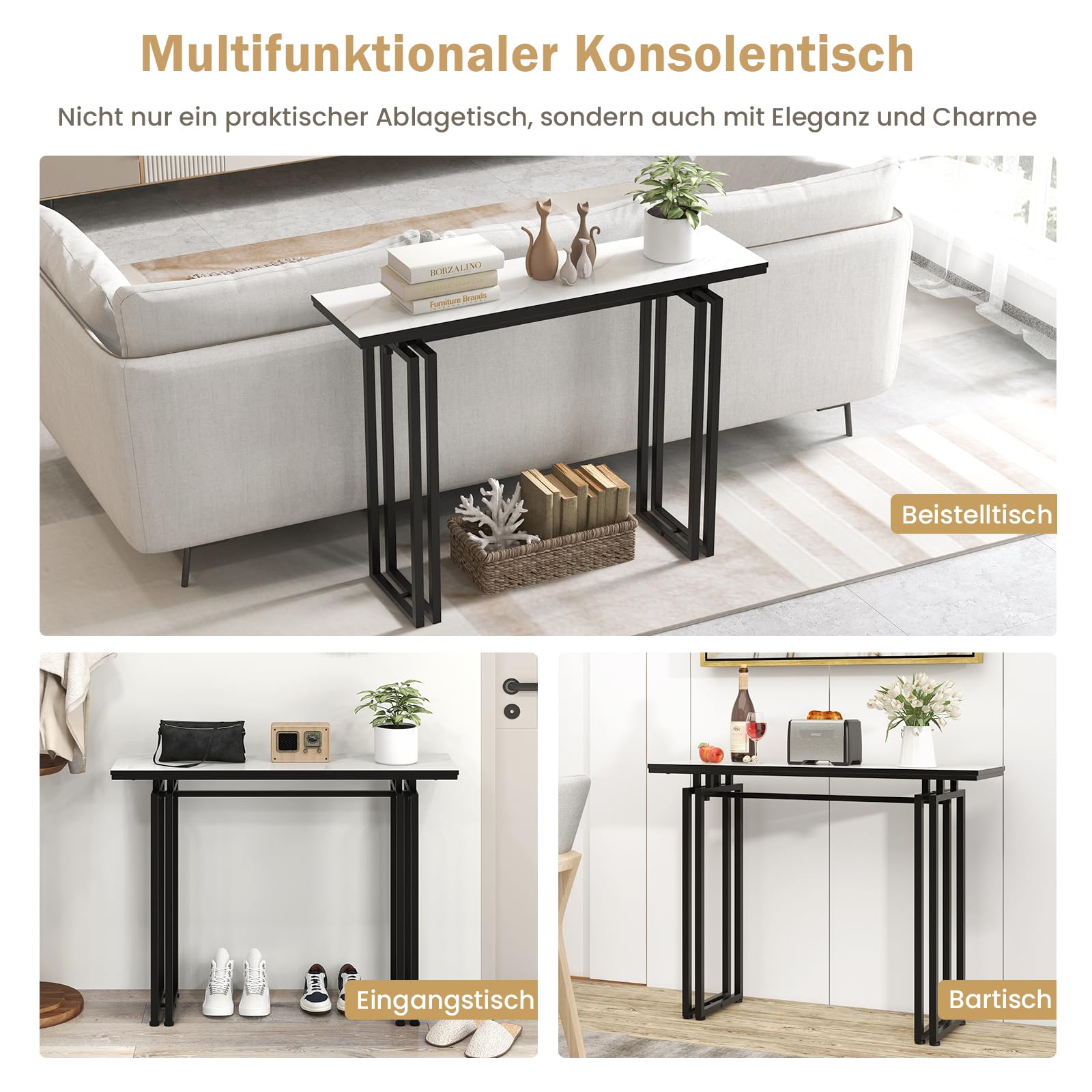 COSTWAY Konsolentisch schmal, Flurtisch Marmor Optik, Beistelltisch mit Metallrahmen, Eingangstisch modern, schmaler Tisch für Wohnzimmer & Eingang, 110 x 30 x 81 cm (Schwarz)