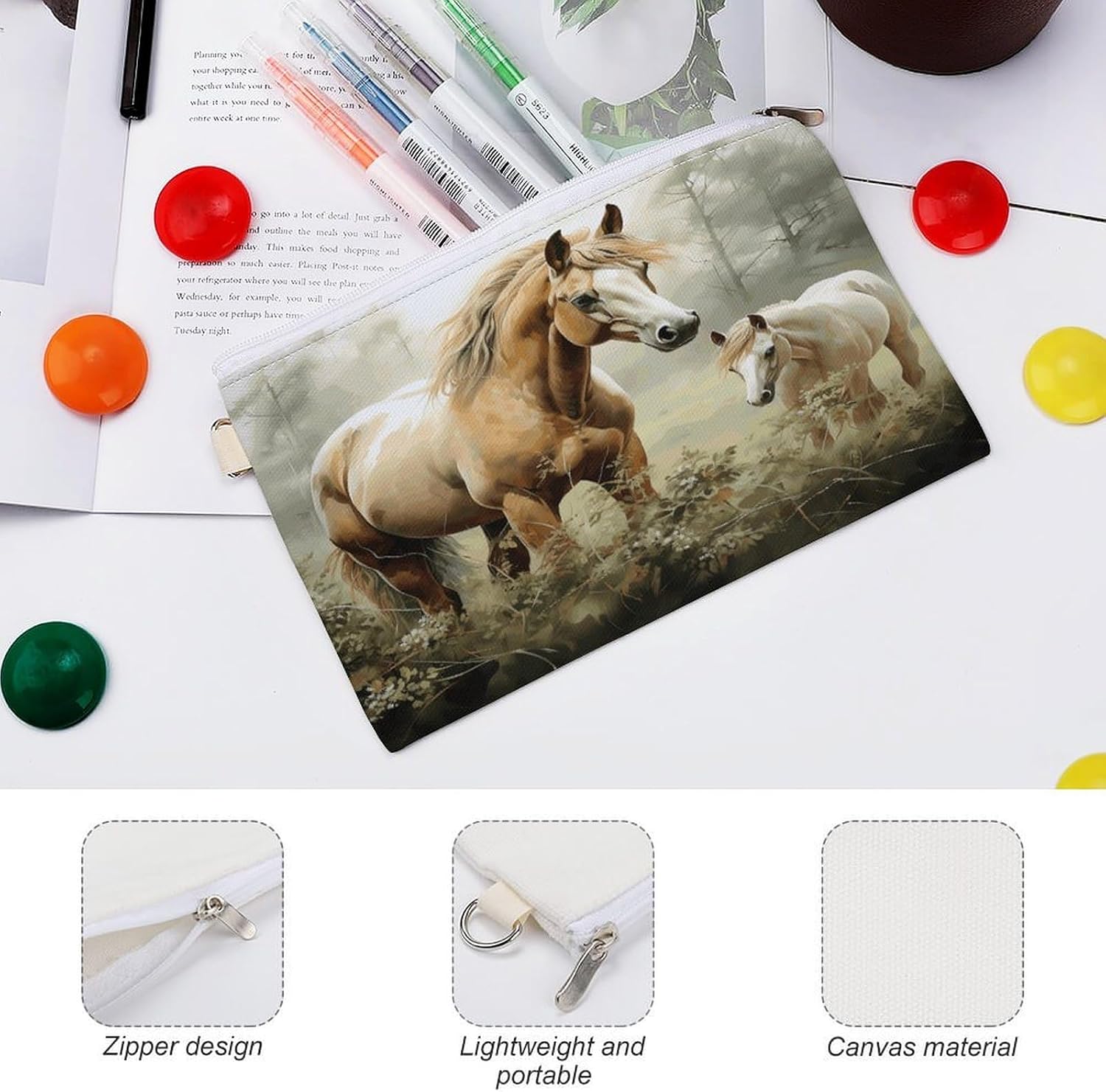 Animals Embroidery Paintings Horses Coin Purse Zero Wallet with Zipper Canvas Coin Pouch Change Purse Pouch Coin Wallet Coin Bag