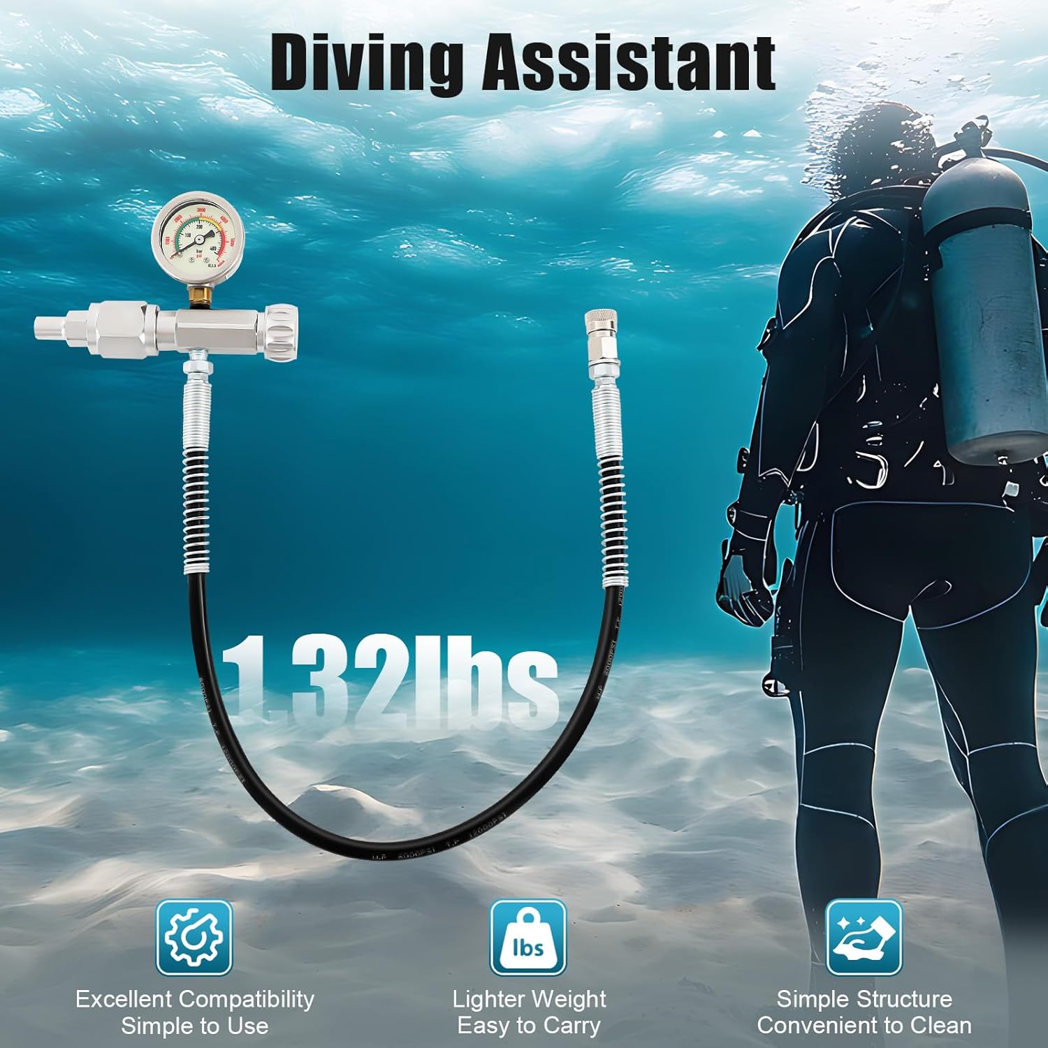 Air Refill Adapter with 6000 PSI Pressure Gauge, PCP SCBA Paintball Fill Station Kit for Diving Paintball Cylinders, High Pressure Submersible Gas Cylinder Filling Valve for Scuba Fire Fighting