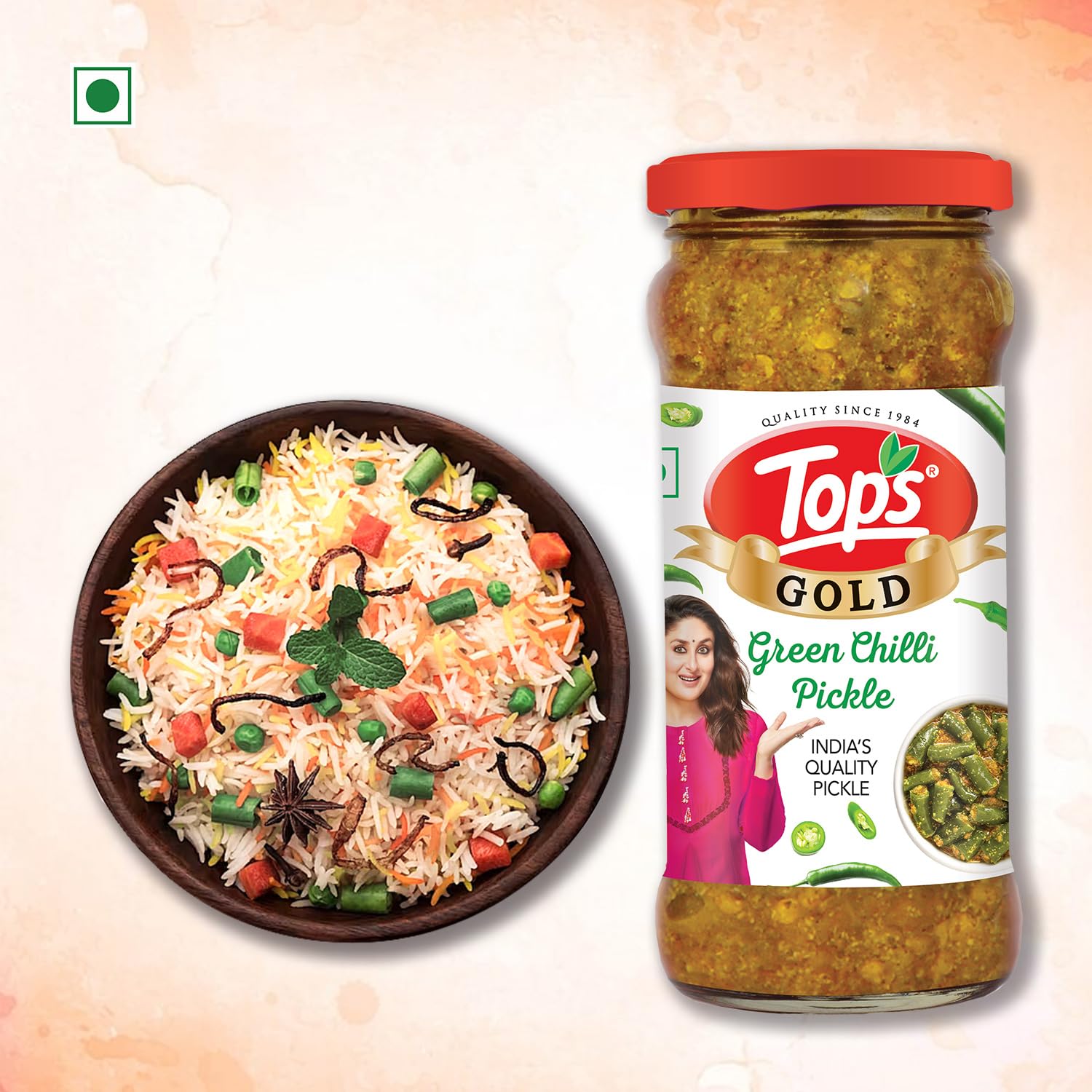 TOPS Pickle Green Chilli -375 gm Glass Bottle|Prepared with the goodness of Mustard Oil | No artificial colours