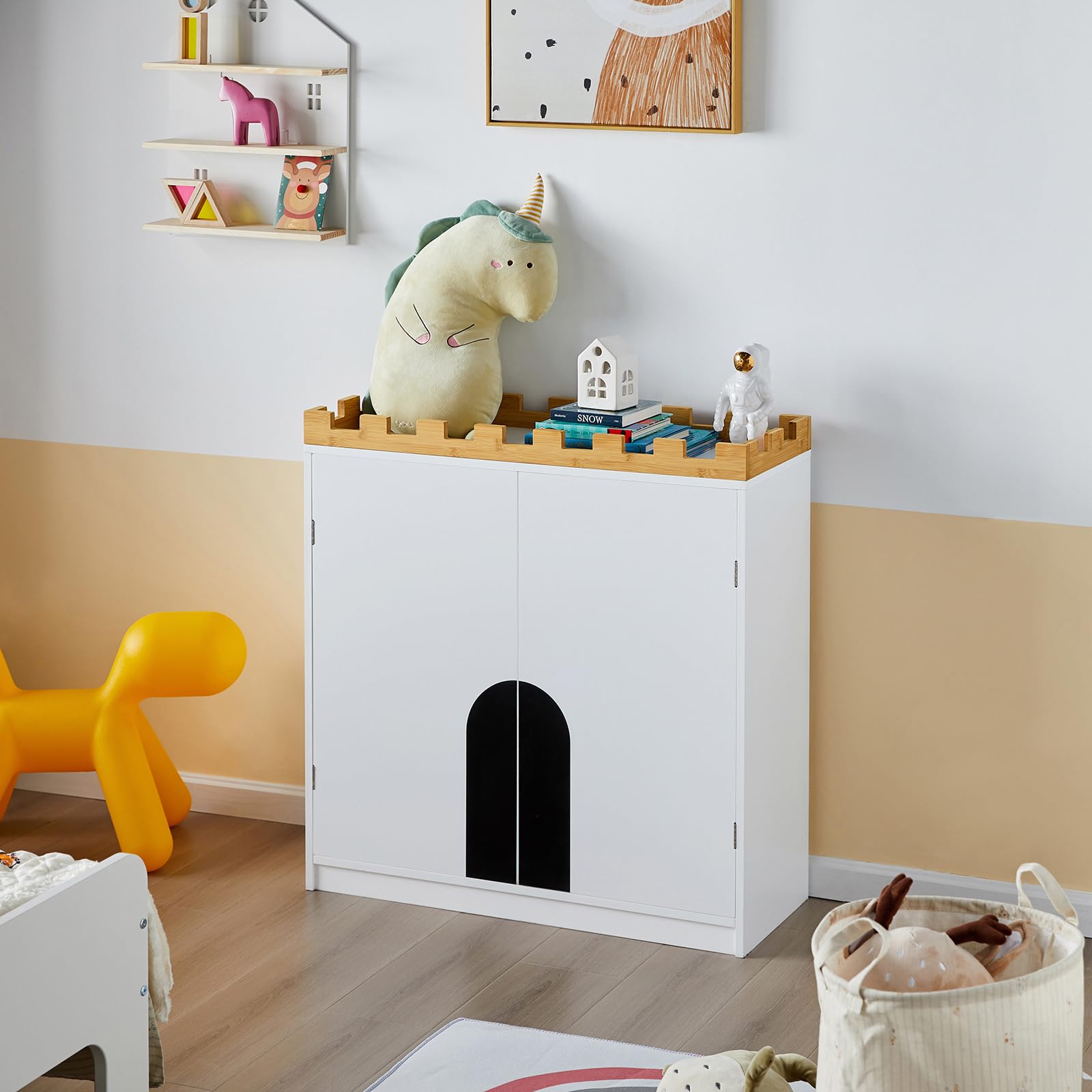 SoBuy Armoire de Rangement pour Enfants, Commode à 2 Portes, Placard pour Chambre d’Enfant, Design de Château, 86x30x87cm, KMB44-W