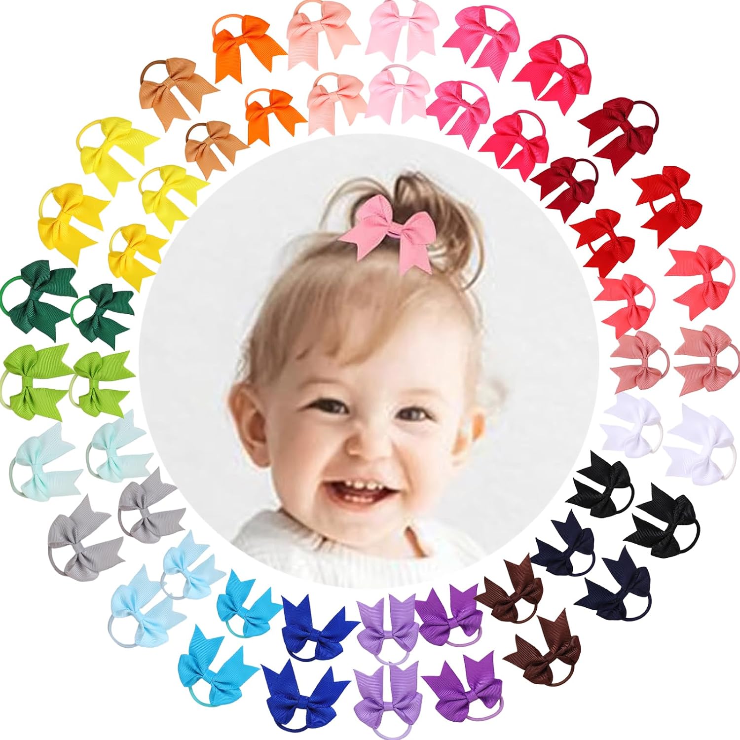 50PCS 2 Inches Baby Hair Ties, Toddler Hair Ties with Bows, Elastic Ponytail Holders Mini Small For Baby Girls Infants (Red Hair Ties-A)