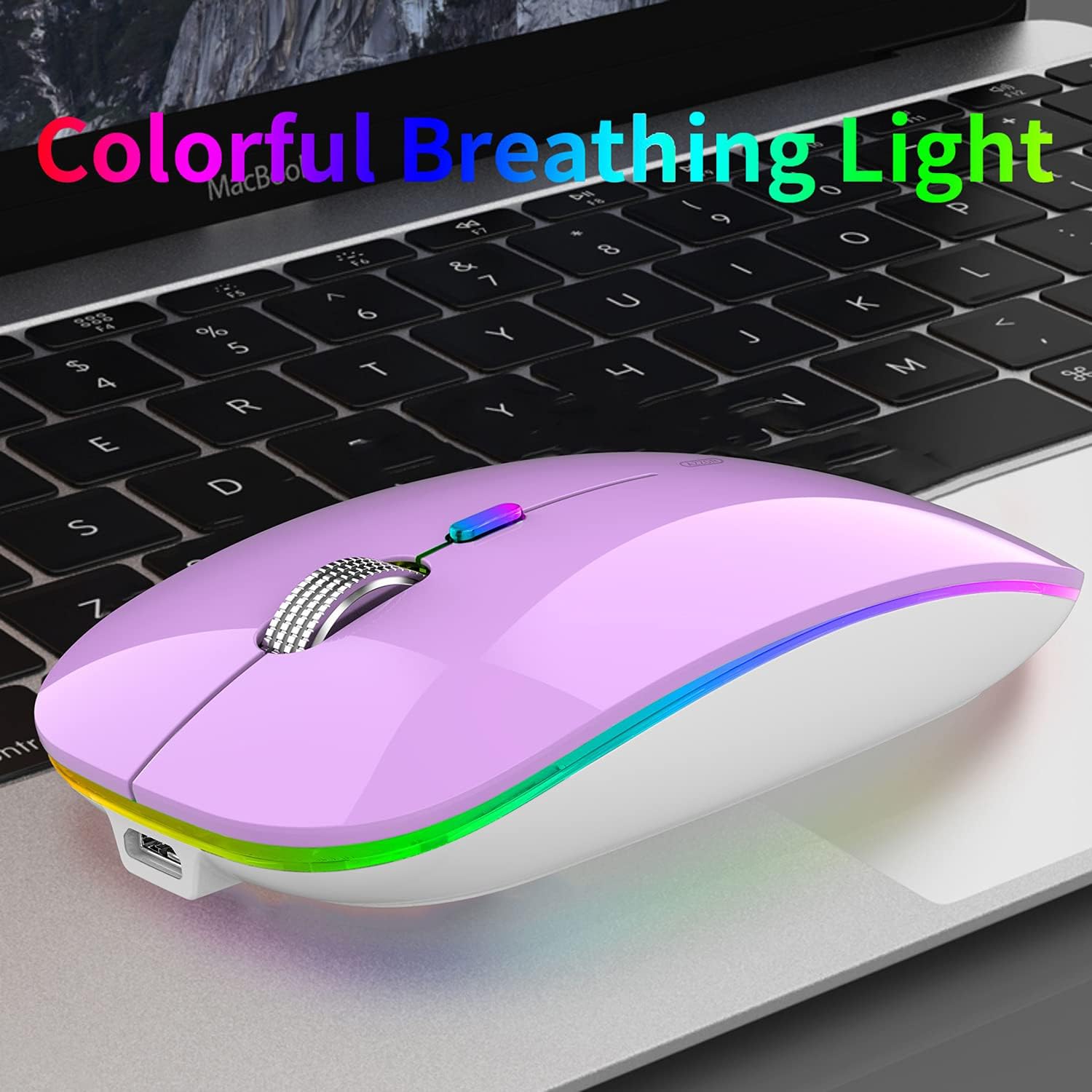Uiosmuph LED Wireless Mouse, G12 Slim Rechargeable Wireless Silent Mouse, 2.4G Portable USB Optical Wireless Computer Mice with USB Receiver and Type C Adapter (Purple)