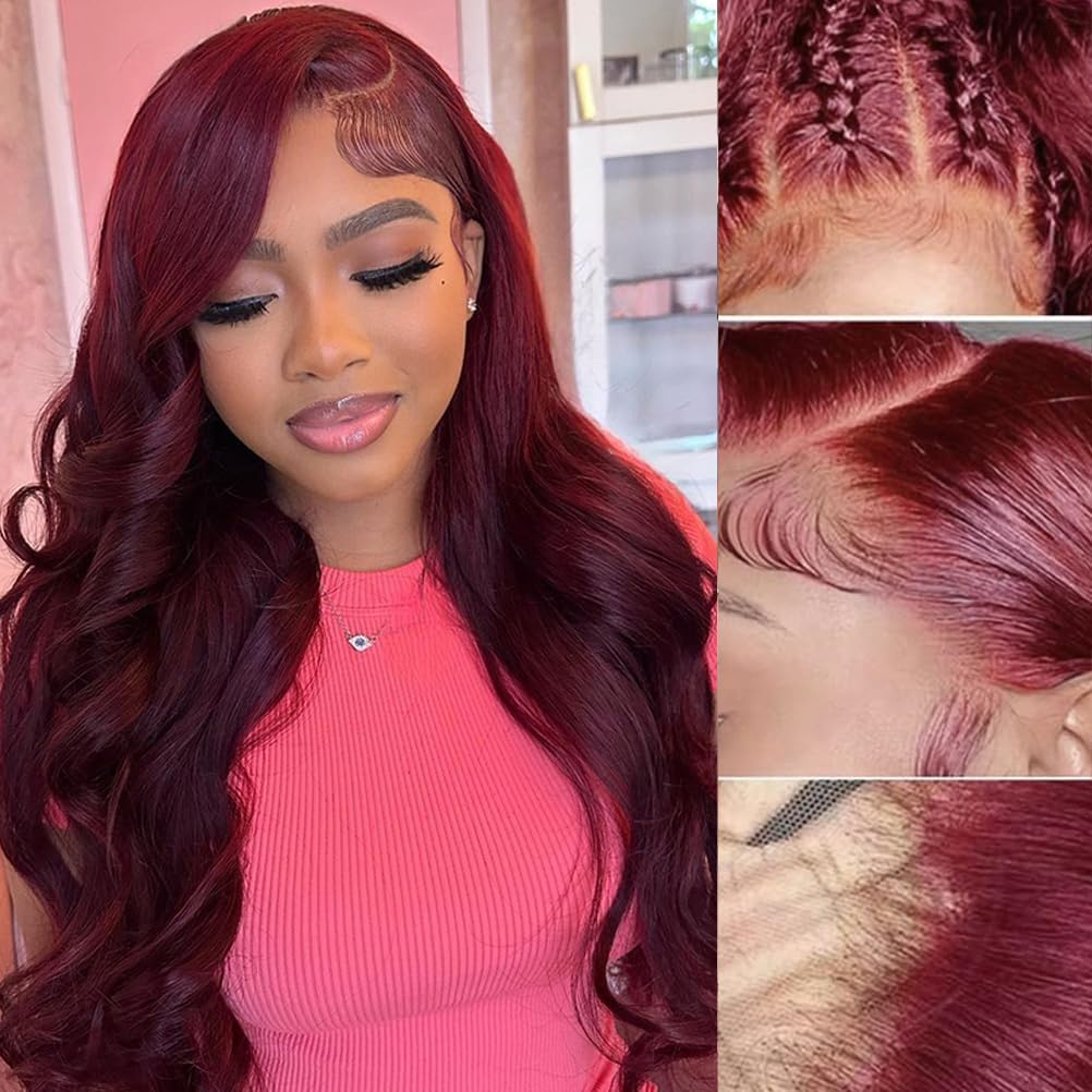 CyorHRT Burgundy Lace Front Wigs Human Hair 99j 13X6 hd Body Wave Lace Front Wigs Human Hair 180% Density Colored Red Frontal Wig for Black Women 24