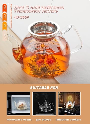 Miniatura 3 de TETWIN Tetera de vidrio que incluye 6 bolas de té de flores florecientes, tetera segura para estufa con infusor extraíble para té de hojas sueltas,
