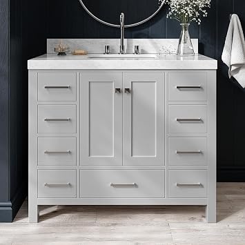 ARIEL Cambridge 42-inch Bathroom Vanity with Sink,Solid Wood, 2-inch Italian Carrara Marble Countertop, Single Rectangular Porcelain Sink, 2 Soft Closing Doors, 9 Dovetail Drawers, Grey
