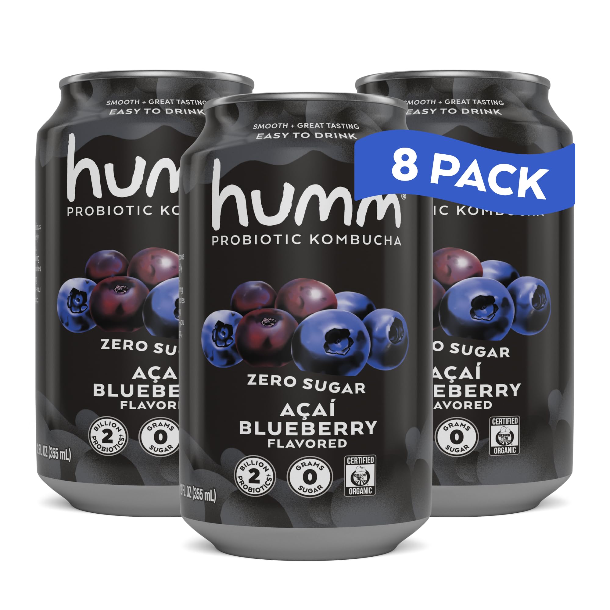 Humm Probiotic Kombucha Zero Sugar Acai Blueberry, No Refrigeration Needed, Keto Friendly, Organic, Vegan, Gluten Free, 12oz Cans (8 Pack)