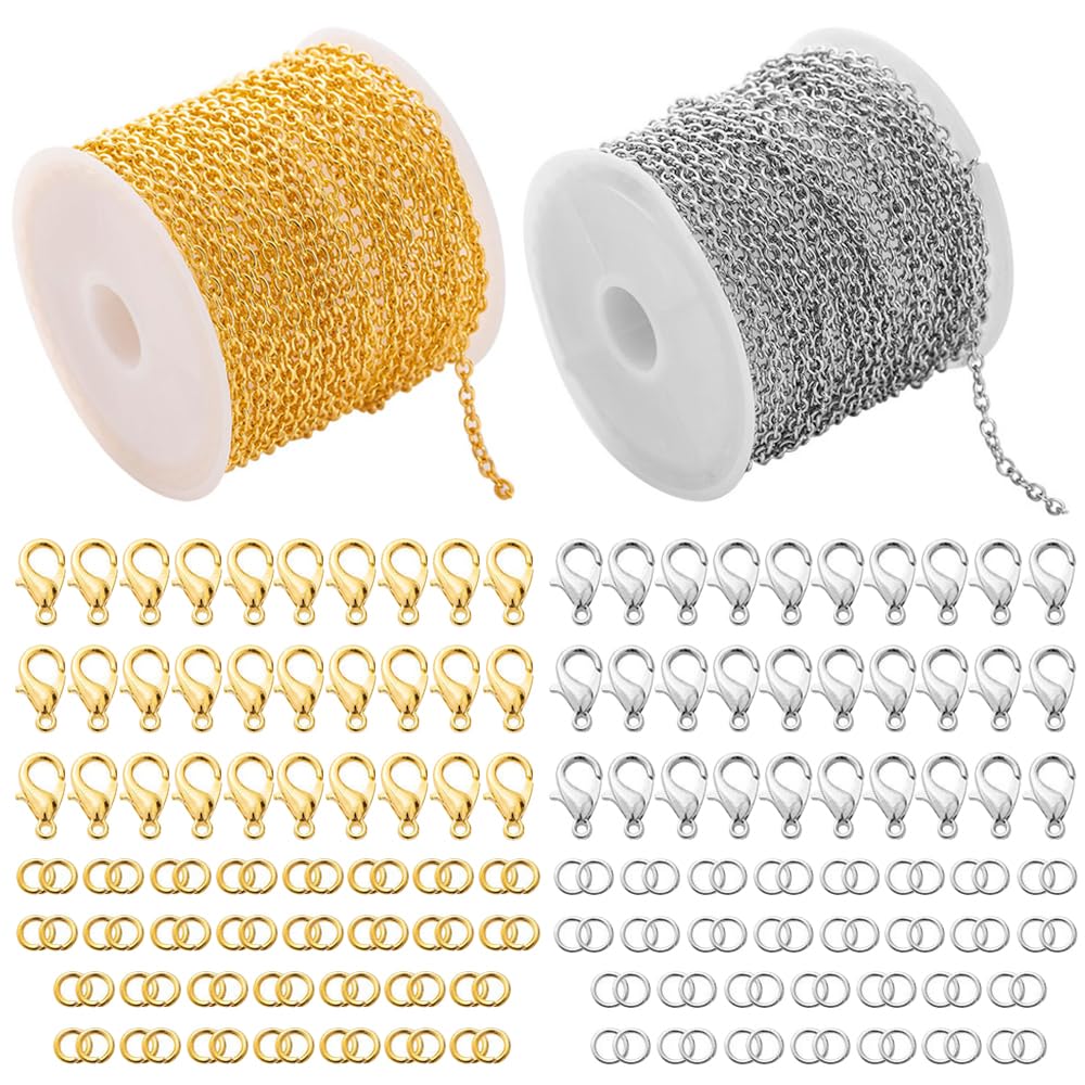 Chaîne Pour Bijoux Au Mètre - 5m Or + 5m Argent, Avec 60 Fermoirs Homard Et 120 Anneaux - Pour Fabrication DIY De Colliers, Bracelets
