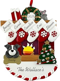 Family of 2-6 People with Boston Terrier Dog Beside a Fireplace Personalized Christmas Ornament (Family of 5)