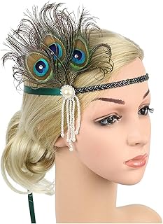 Feather Headband 1920s Peacock Feather Headpiece Flapper Accessories Women Art Deco 20s Great Gatsby Showgirl Headband Costume Party Hairband Red Feather Headband (Size : YM6038 green)