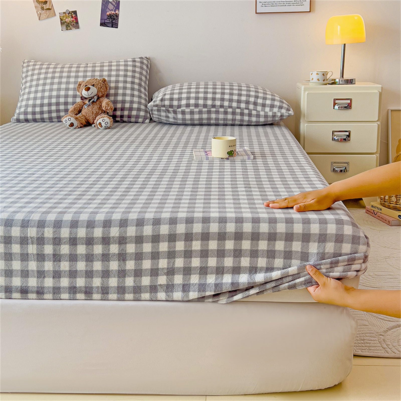 Morbido lenzuolo con angoli invernale in morbido pile termico comodo lenzuolo di flanella con vestibilità extra profonda per letto singolo, matrimoniale e king size a quadretti blu 200 x 220 cm + 48 x