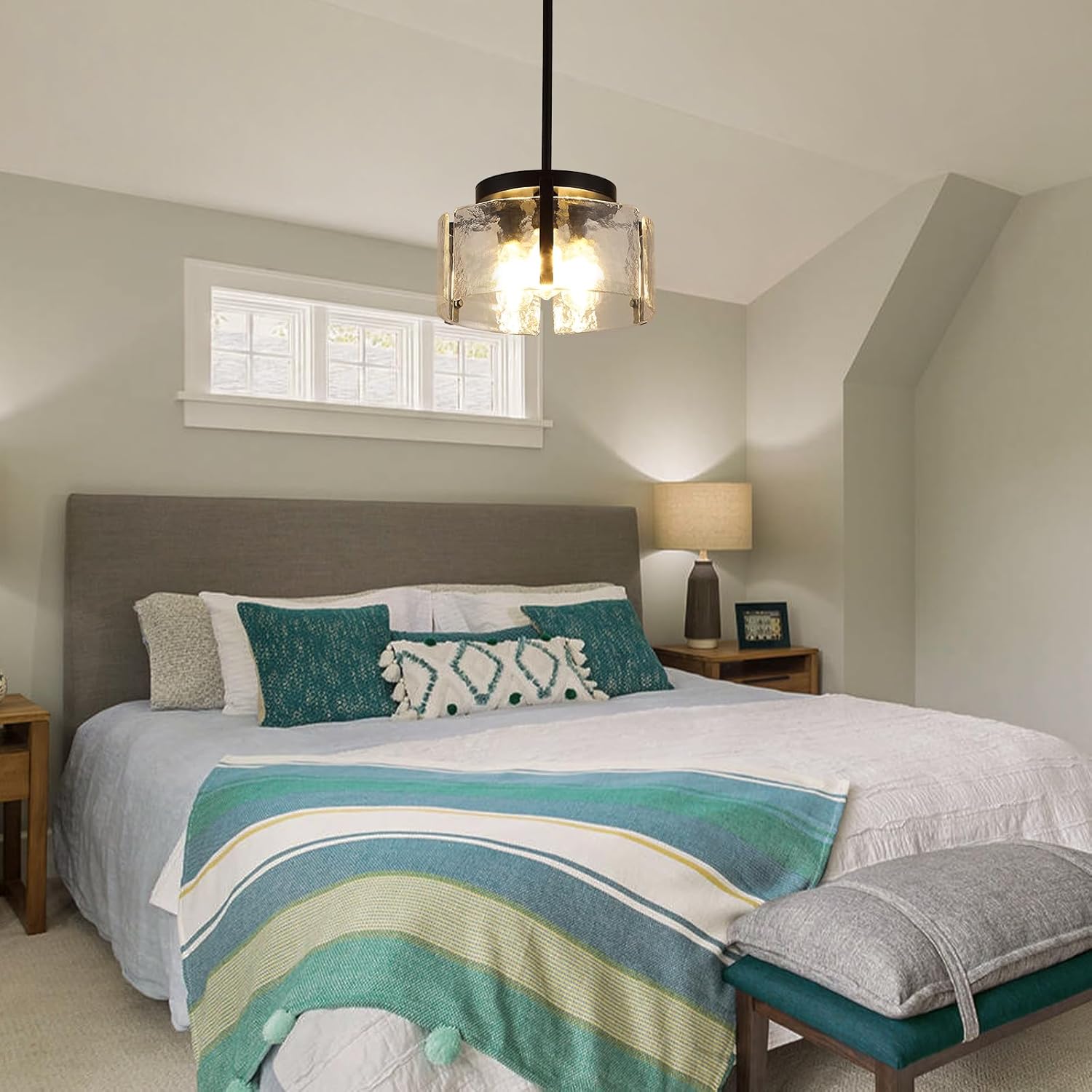 Glass Drum Chandelier for Dining Room, 3-Light Black Modern Chandelier Farmhouse Lights Kitchen Lighting Fixtures Over Table for Foyer Entryway Hallway Laundry Room Bedroom Bathroom