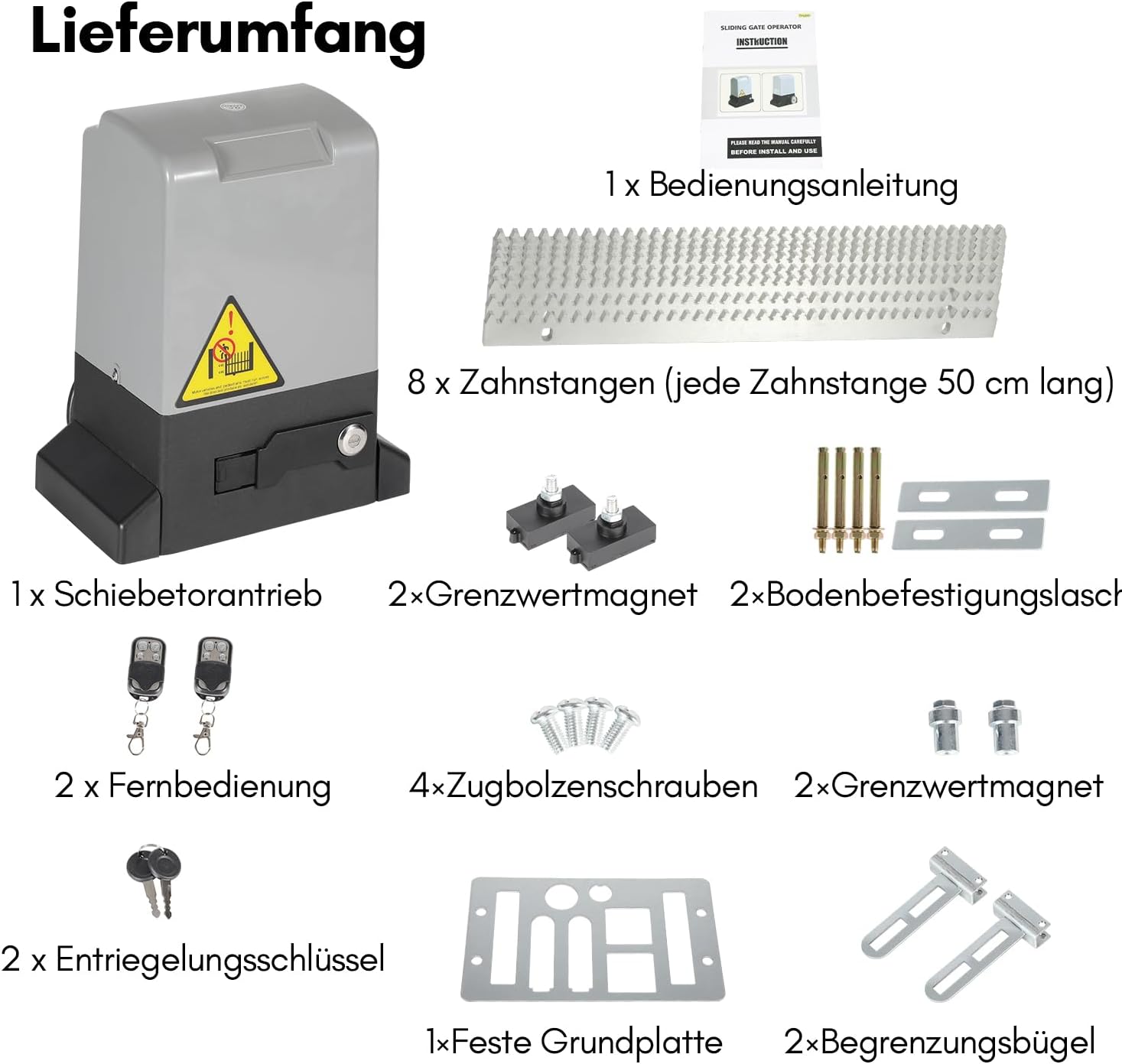 Detailed view of all components included in the Izrielar sliding gate opener package