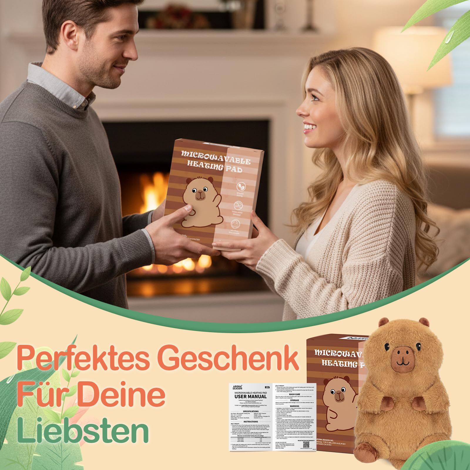 AROMA SEASON Wärmetier Plüsch Capybara Mikrowelle-Wärmekissen Kuscheltier Körnerkissen Stofftier
