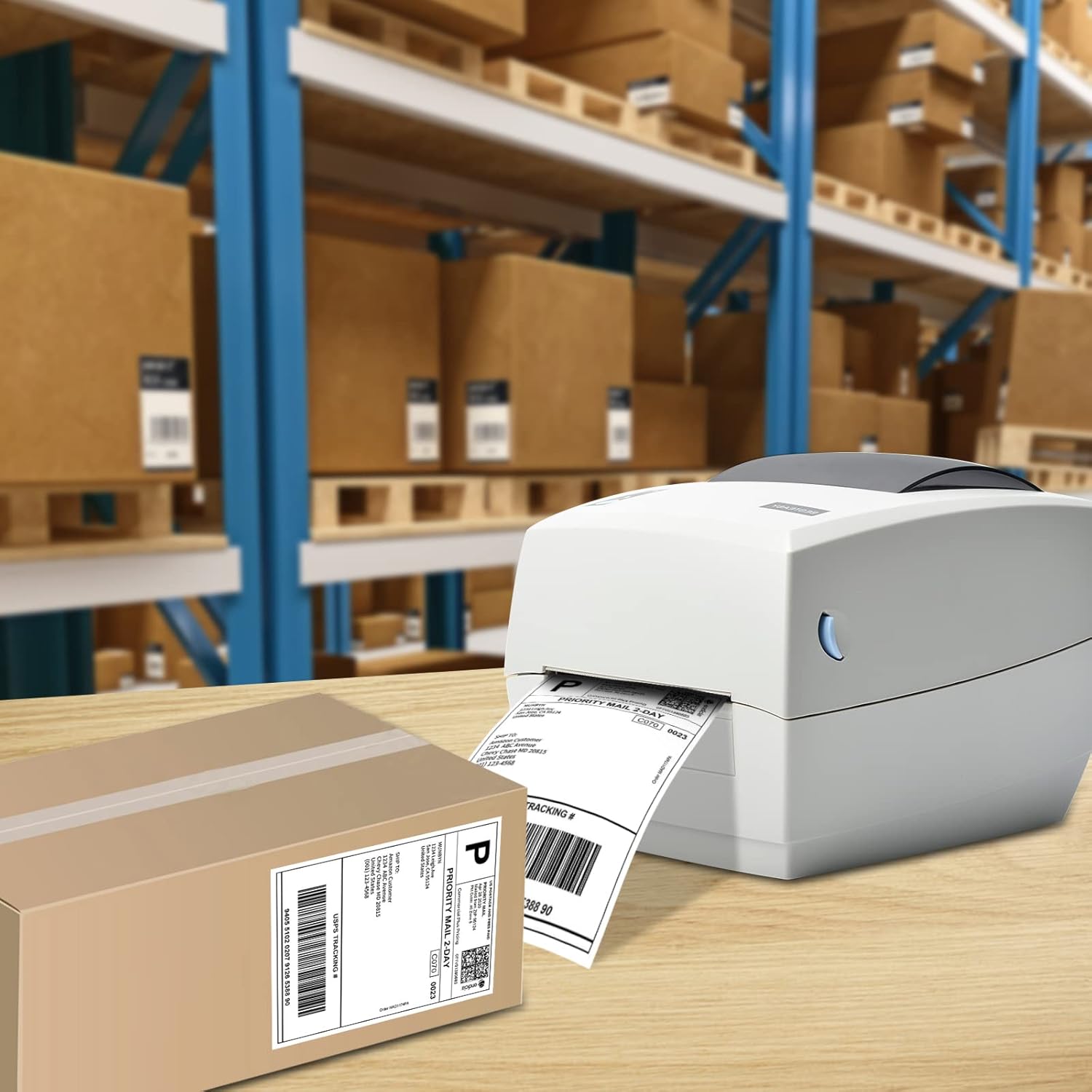 Printer in a warehouse setting printing a label