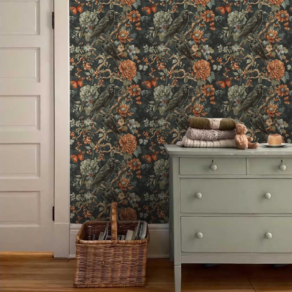 18"x236" Gothic Dark Vintage Flower Birds Peel and Stick Self Adhesive Wallpaper Removable Contact Paper Stick on Easy Peel Off Wall Paper for Kitchen Bedroom Bathroom Renter
