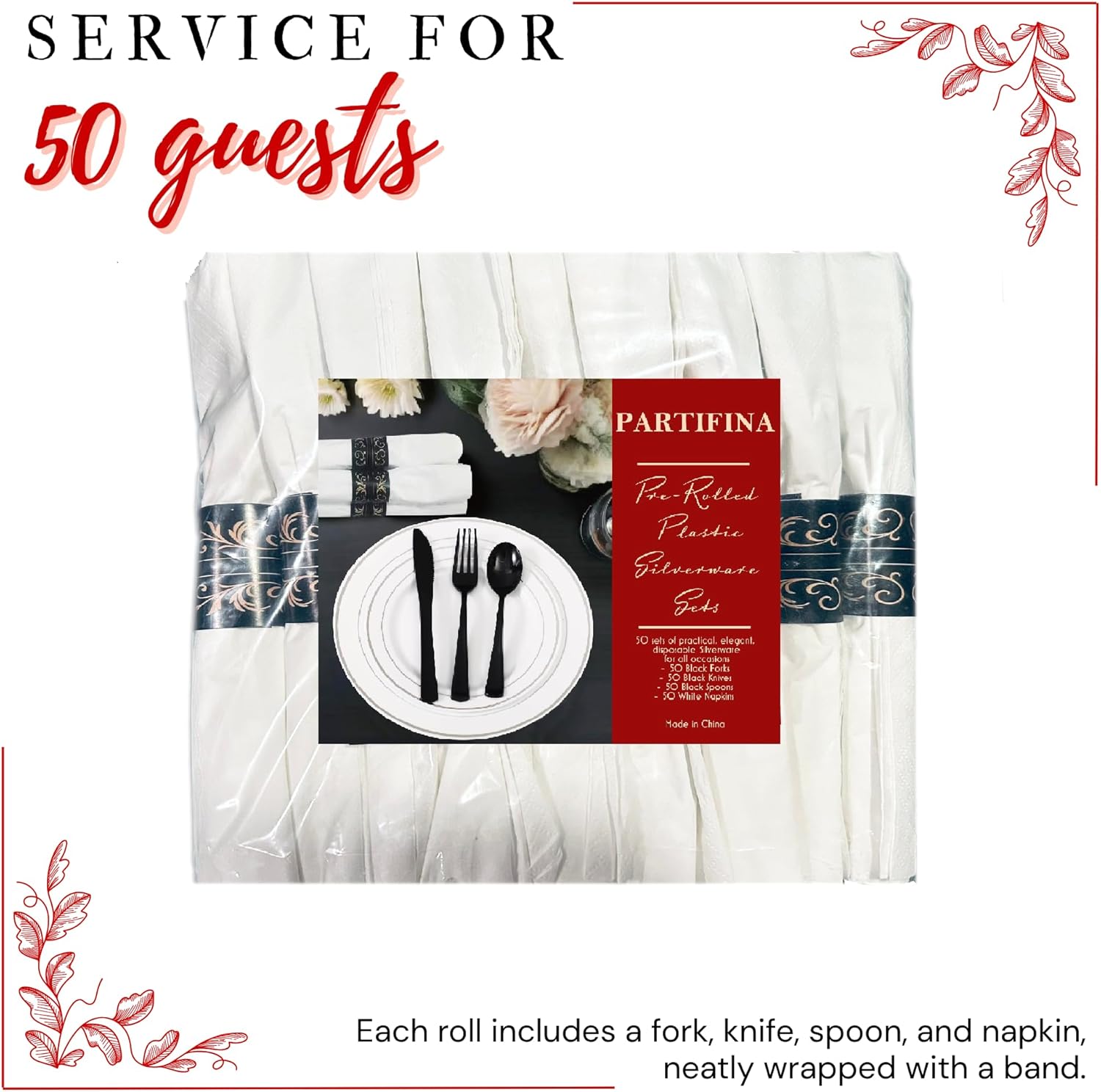 50 Pack of Pre-Wrapped Silverware and Napkin Rolls – Fork, Knife, Spoon – Disposable Rolled Plastic Cutlery for Indoor or Outdoor Parties, Events, Gatherings, Weddings, Caterings, Black