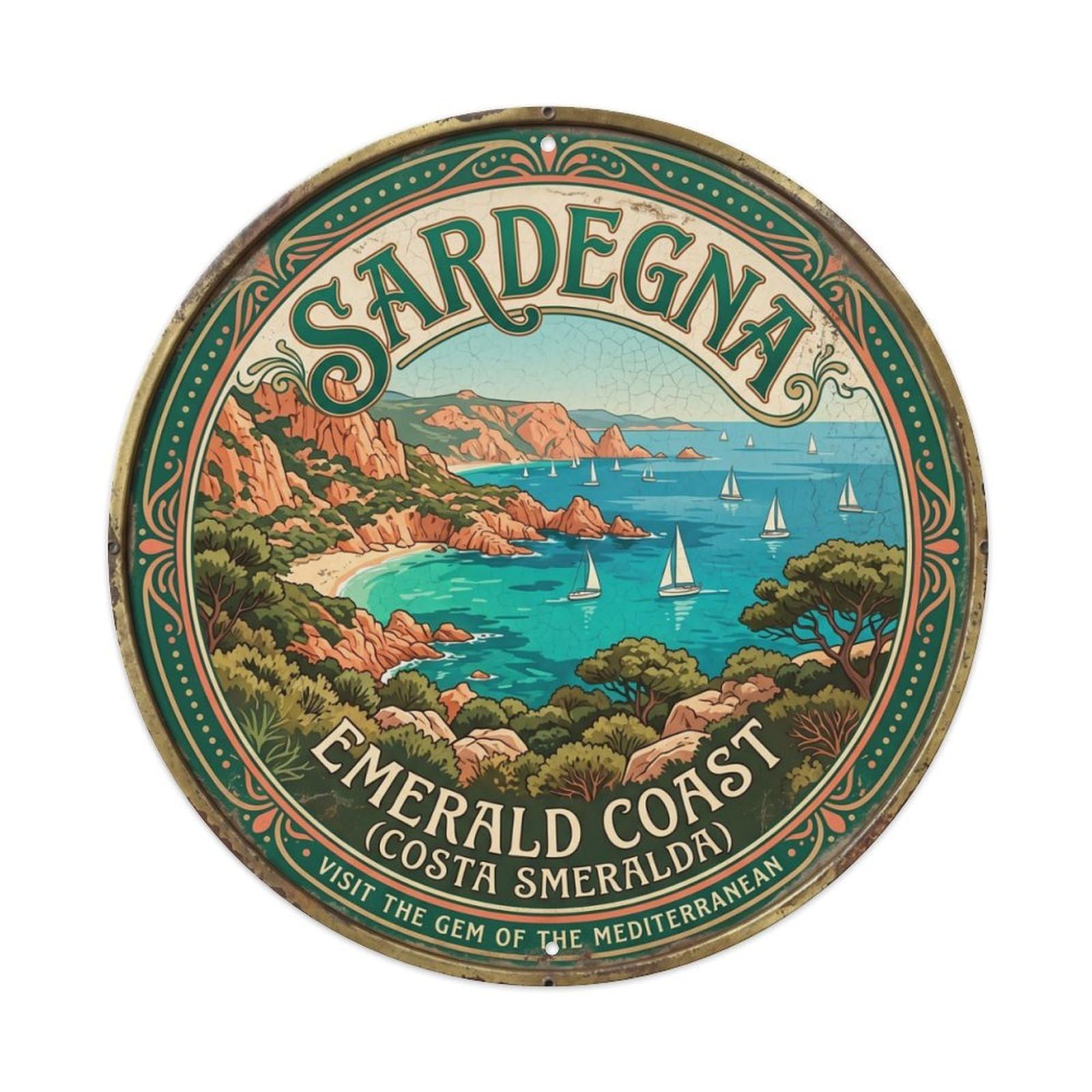 Vintage Travel Sardinia Coastline Italy Metal Tin Sign Plaque Wall Decor for Cafe, Club Bar, Office, Home Garden Round Metal Poster 8x8Inch