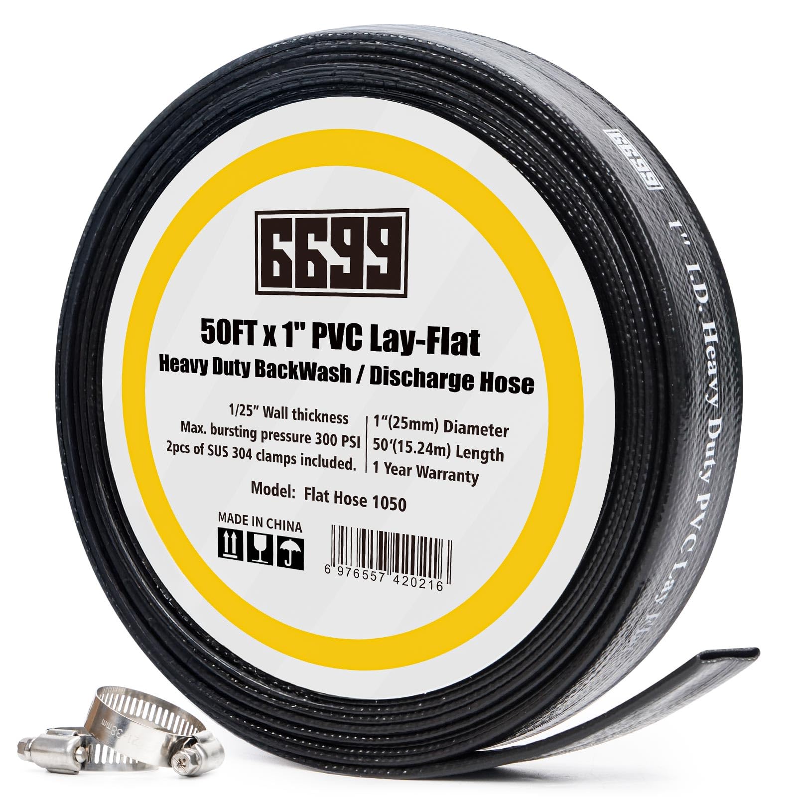 Discharge Hose 1-Inch by 50-foot Sump Pump Hose with 2pcs SUS 304 Clamps