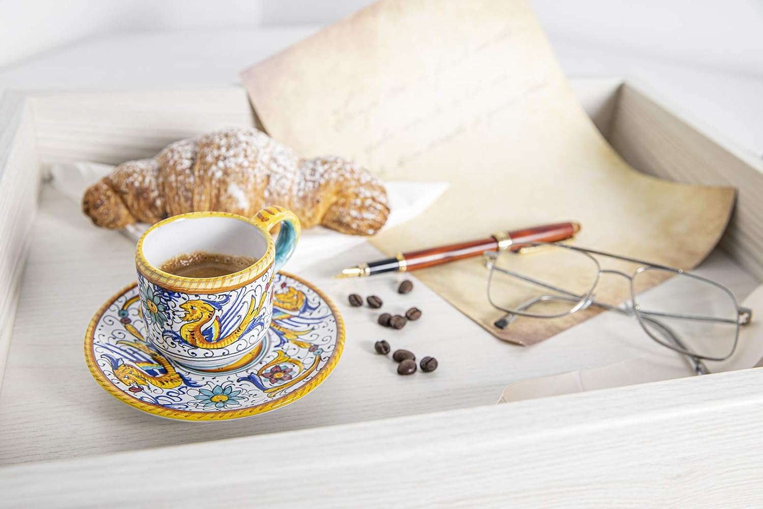 Fima ThatsArte.com - Italian Ceramic Espresso Cup & Saucer Raffaellesco, Deruta - Hand Painted, Handmade Coffee Cup Made in Italy, Deruta Pottery