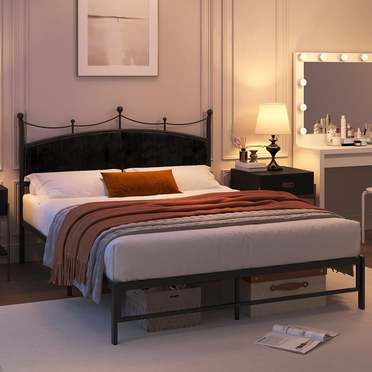 Weehom Queen Upholstered Bed Frame with Headboard, Soft Velvet Bed Frame Metal Platform No Box Spring Needed Easy Assembly Queen Size for Adults Black