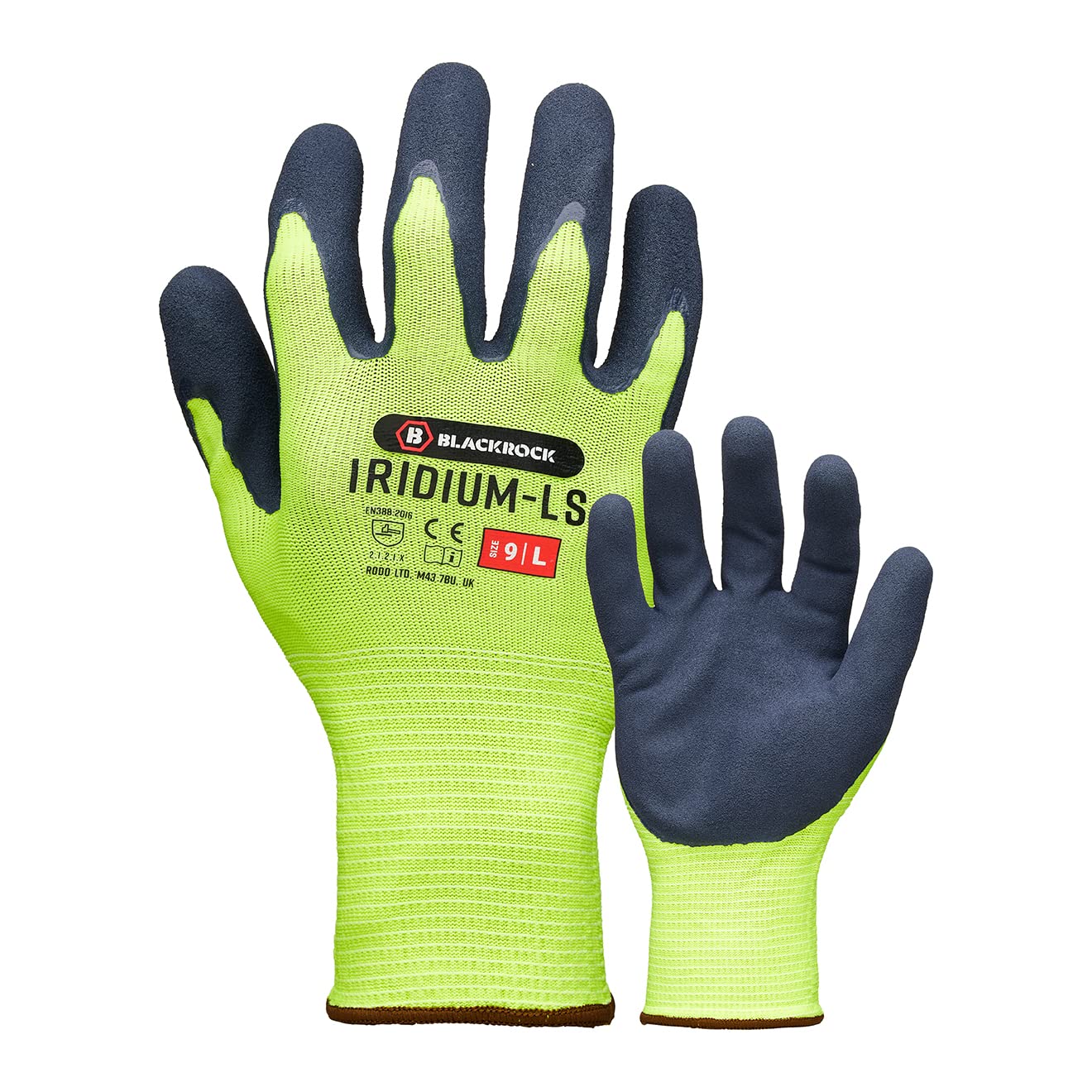 Blackrock Iridium-LS Yellow Safety Work Gloves Mens Womens, Sandy Latex Coating Maximum Dry & Wet Grip, Enhanced Visibility Neon Polyester Liner, Ideal For Highway, Construction, Gardening - Medium