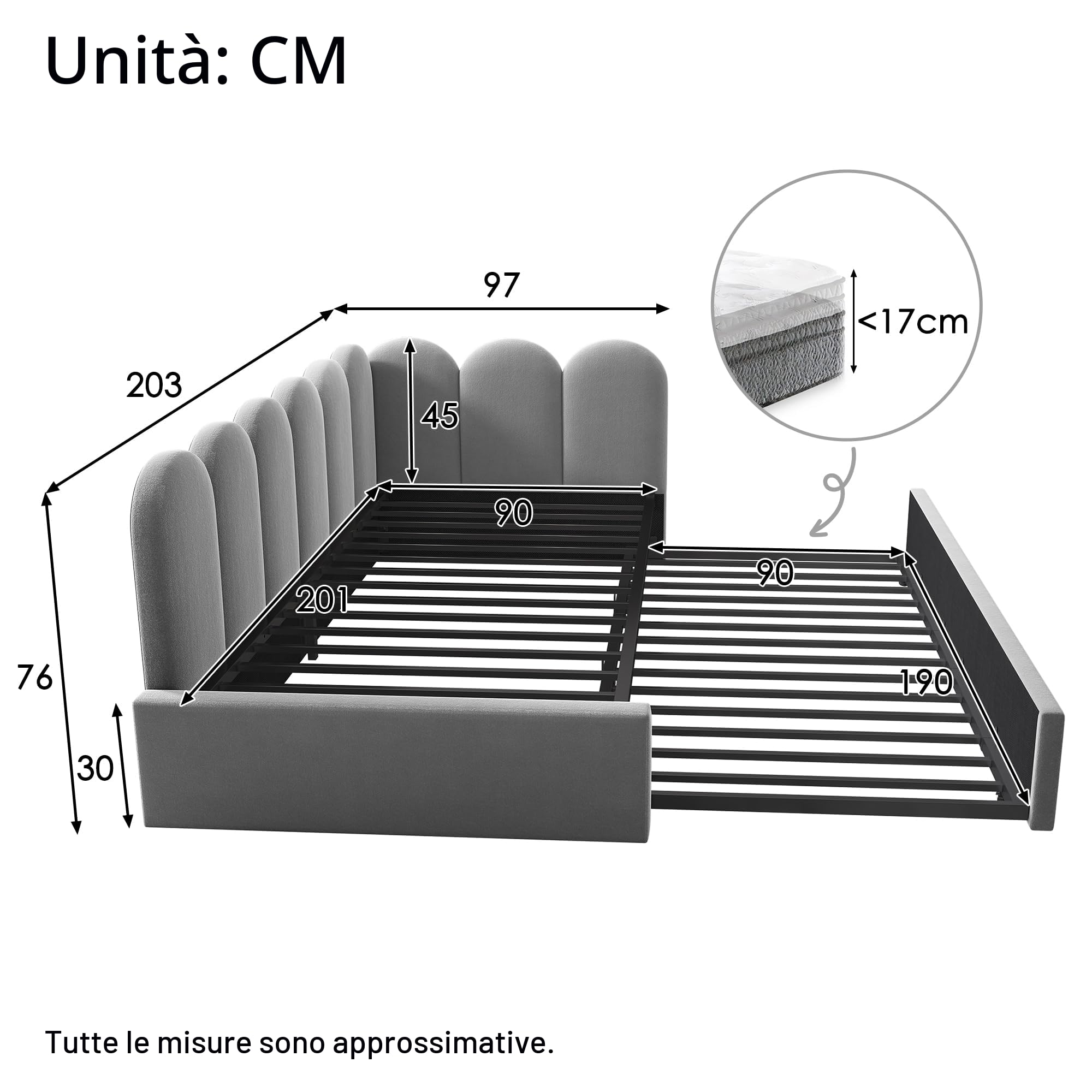 Kebnor Letto imbottito Daybett 90x200cm, divano letto con letto estraibile 90x190cm, letto per bambini con rete a doghe, in velluto (senza materasso) (Grigio)