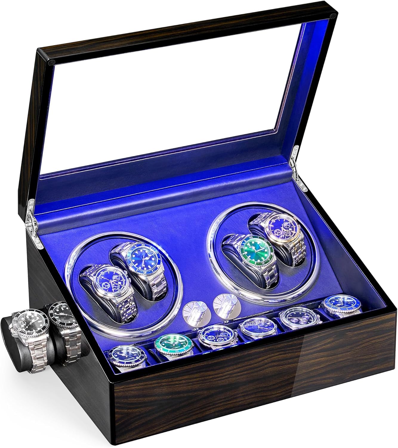 ANWBROAD Caricatore per orologi automatici 4 Rotatori per orologi e 6 scomparti extra con motore Mabuchi super silenzioso Retroilluminazione a LED Gira orologi 4 modalità USB