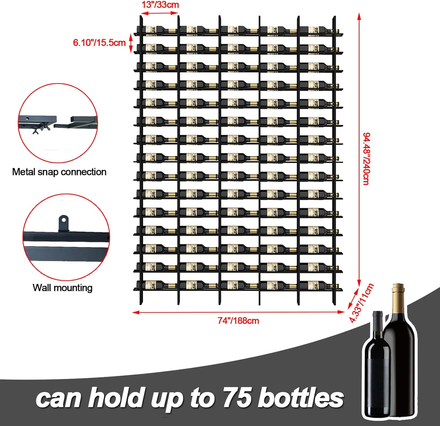 Large Wall Mount Wine Rack, 16 Tier 80 Bottle Wine Storage Organizer Display Holder, Modern Metal Wine Storage for Wine Cellars, Home Bars, Kitchens, and Dining Rooms