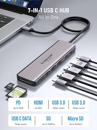 Miniatura 2 de Adaptador multipuerto USB C Hub - Lemorele 7 en 1 Tipo-C 4K 60Hz HDMI Dongle Dongle Station, 100W PD, ranuras SDTF 3.0, 2 puertos de datos USB 3.0 y