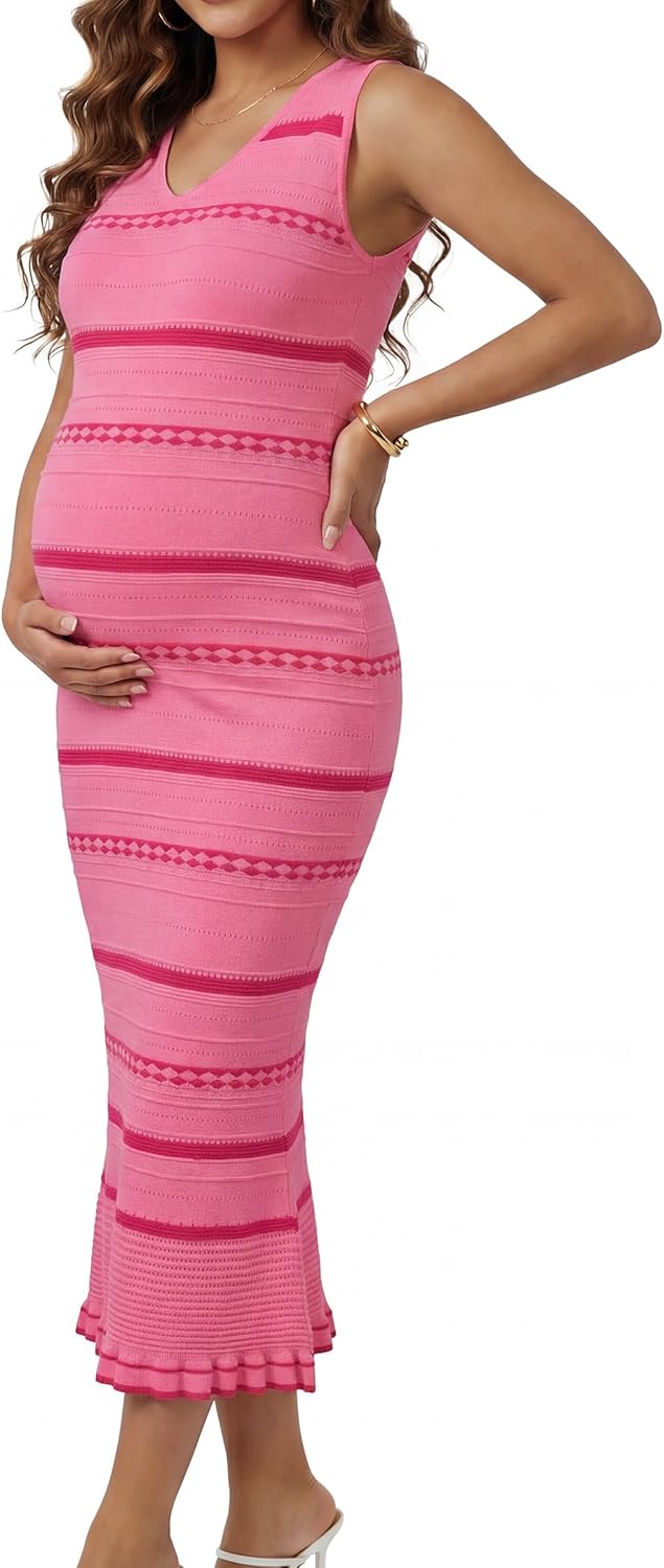 OUGES Women's 2026 Spring Casual V Neck Maternity Dress Sleeveless Striped Stretchy Midi Dress Bodycon Pregnancy Dress