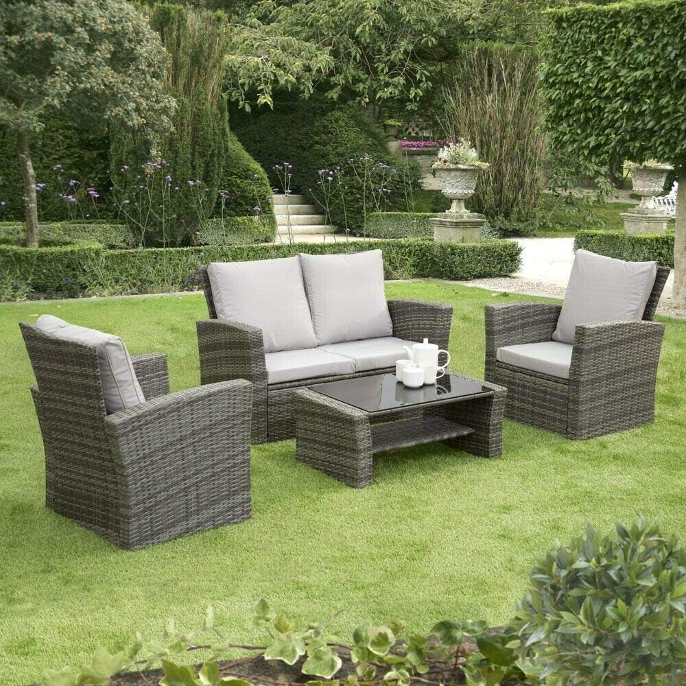 GSD Rattan Garden Furniture 4 Piece Patio Set - Grey, Black or Brown (Rattan, Grey Cushions)