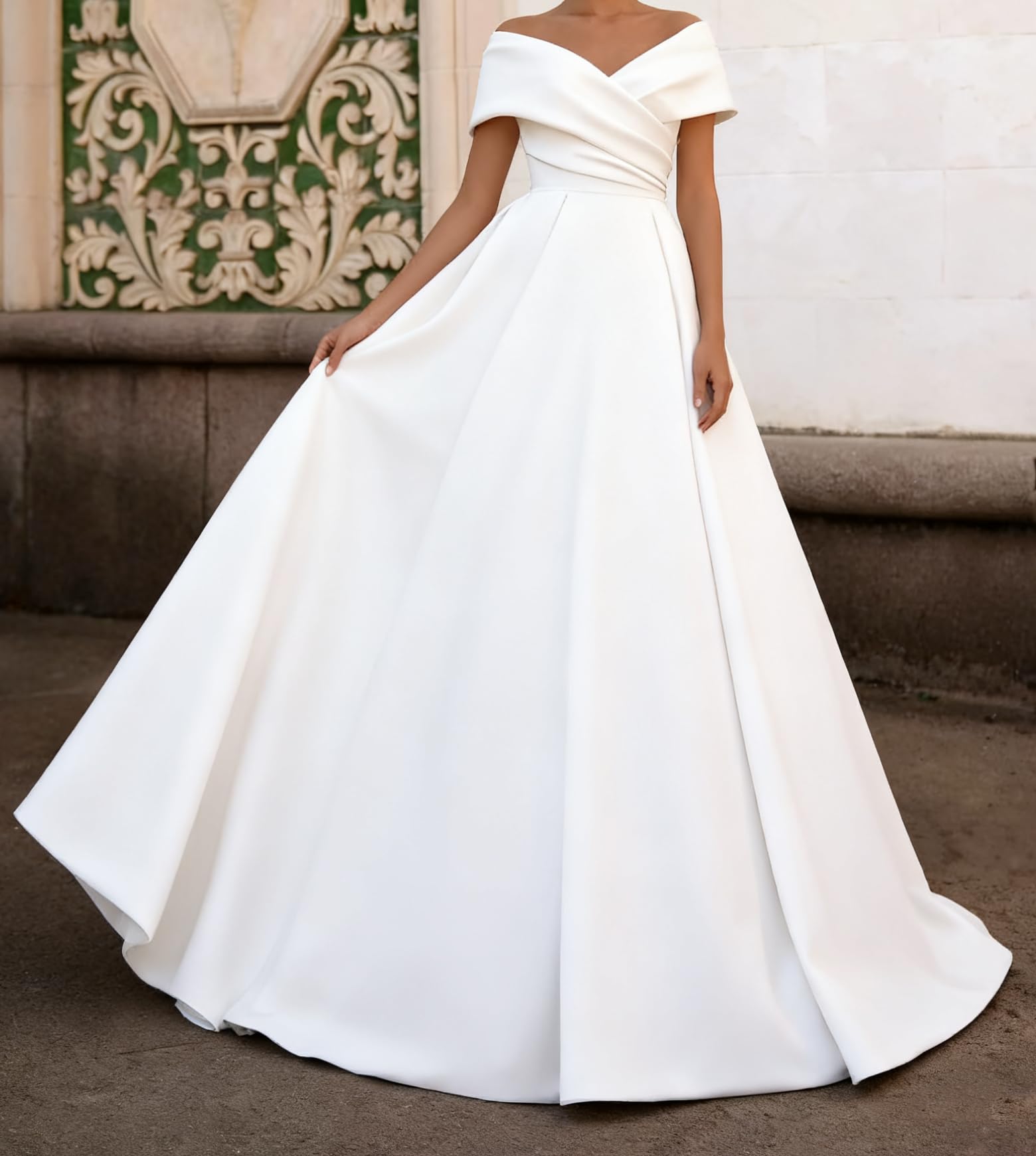 HUINI Satin Hochzeitskleider für die Braut Off-Shoulder A-Linie V-Ausschnitt Strand Brautkleid mit Schleppe