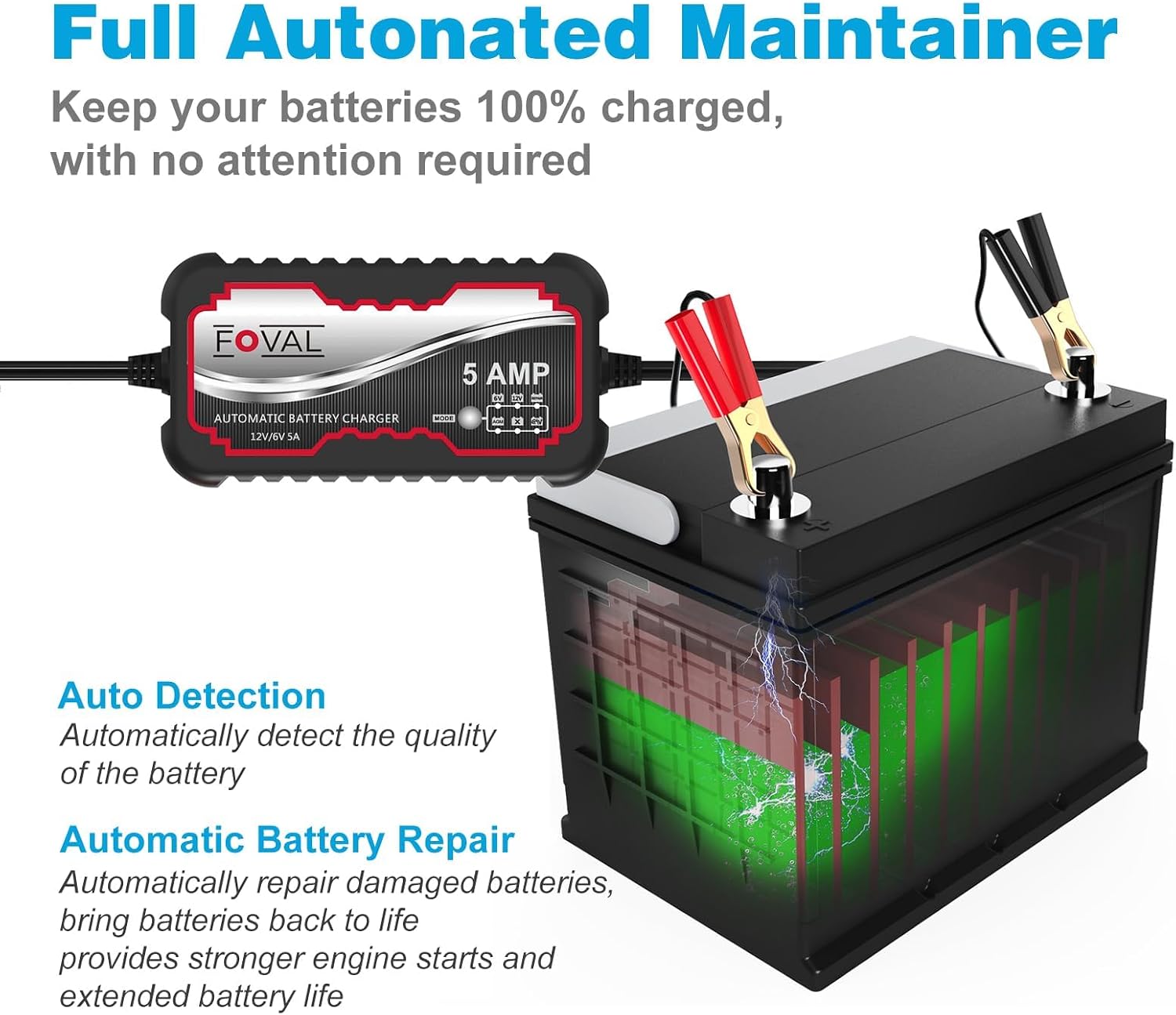 5A 6V/12V Smart Battery Charger – FOVAL Automatic Maintainer, Trickle Charger & Desulfator with Overcharge Protection & Temperature Compensation – for Lead-Acid & Lithium Batteries