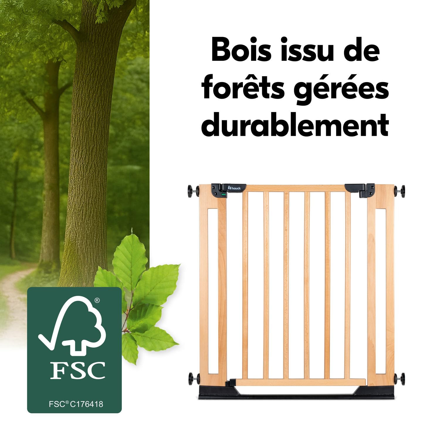 hauck Barrière de Sécurité Enfant en Bois, Fermeture Automatique, Black | Largeur réglable de 75 à 80 cm par vis de réglage, seuil plat, ouverture à une main I Barrière enfant à fixer par perçage