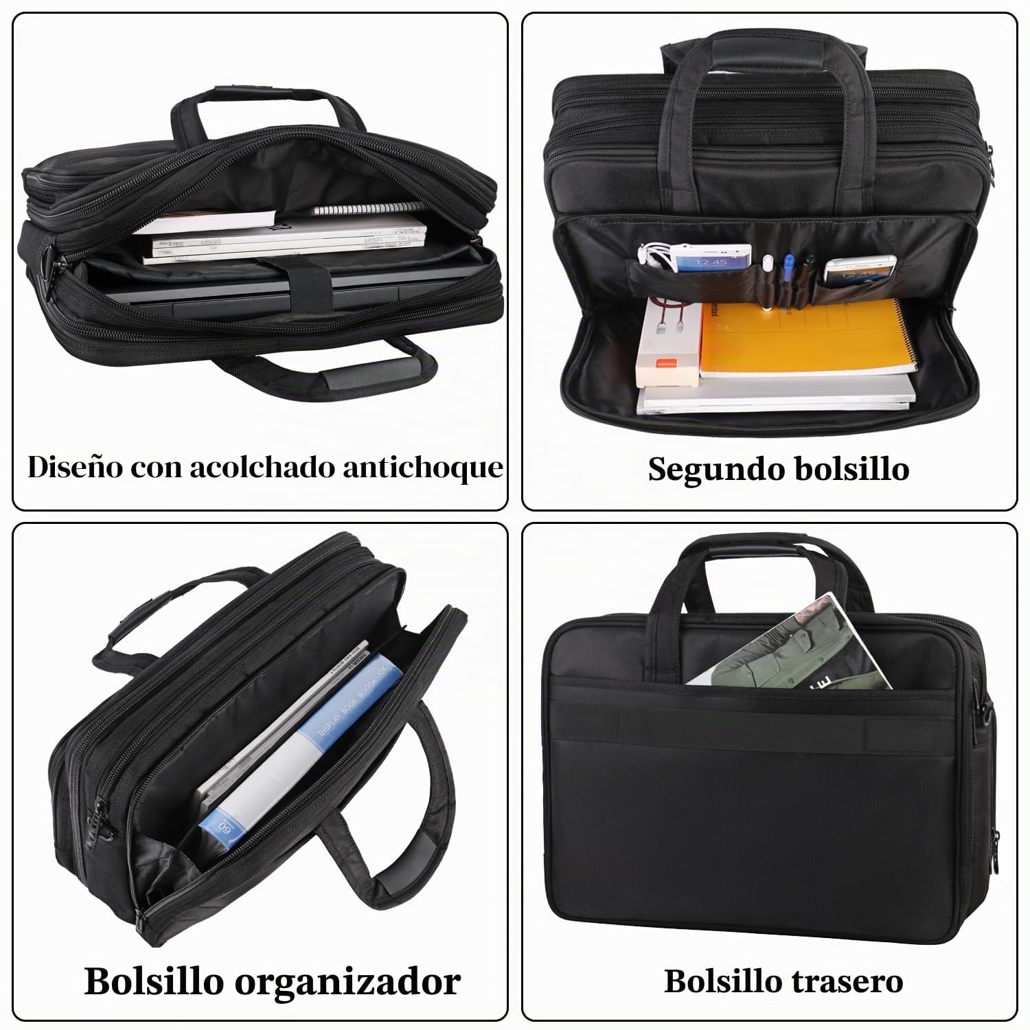 Mancro Maletín para ordenador portátil de 17 pulgadas, maletín de negocios grande para hombres y mujeres, bolso de hombro impermeable, bolso de mensajero, bolso para ordenador extensible, negro
