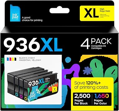 iNKPAD 936 Ink Cartridges 4 Pack Works with HP OfficeJet Pro 9110 9125 9120 | For HP 936 Ink Cartridge Combo Pack CMYK