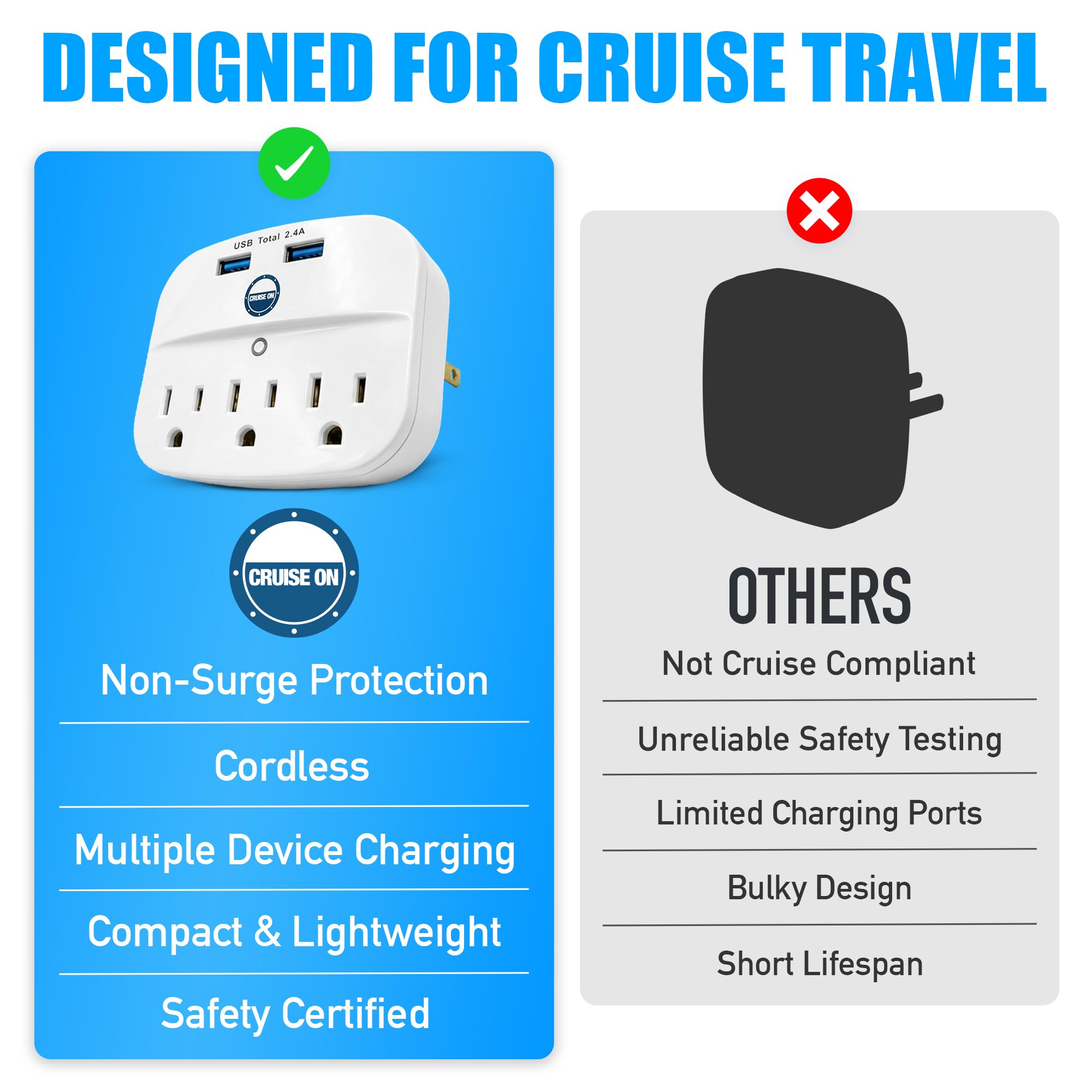 Cruise On Non Surge Cruise Approved Power Strip, Essentials [2 USB, 3 AC] — Amazon image 6
